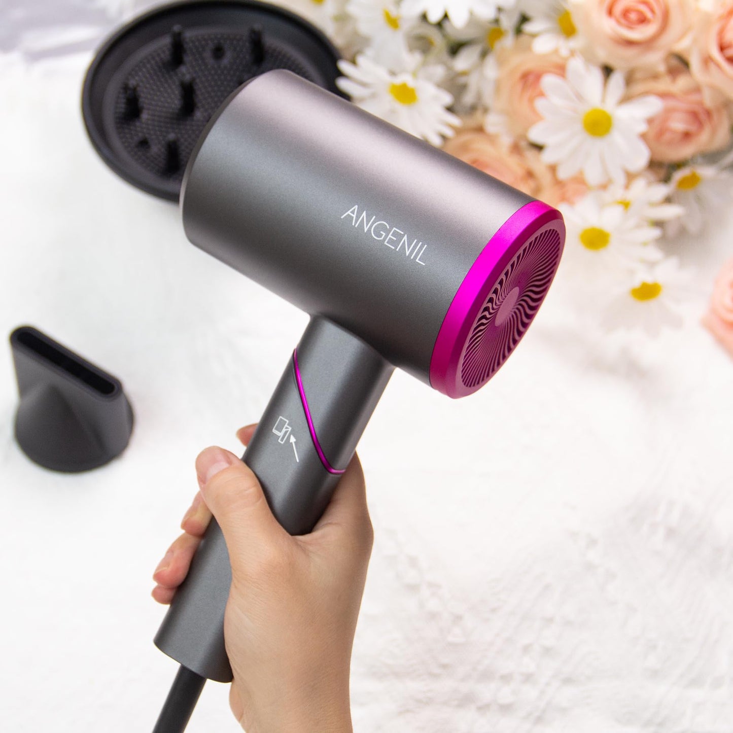 ANGENIL Ionic Blow Dryer, Magnetic Nozzle & Diffuser Hair Dryer for Curly Hair, Fast Drying Low Noise, Professional Travel Hair Dryer, Foldable Handle, 3 Constant Temp Without Hair Damage