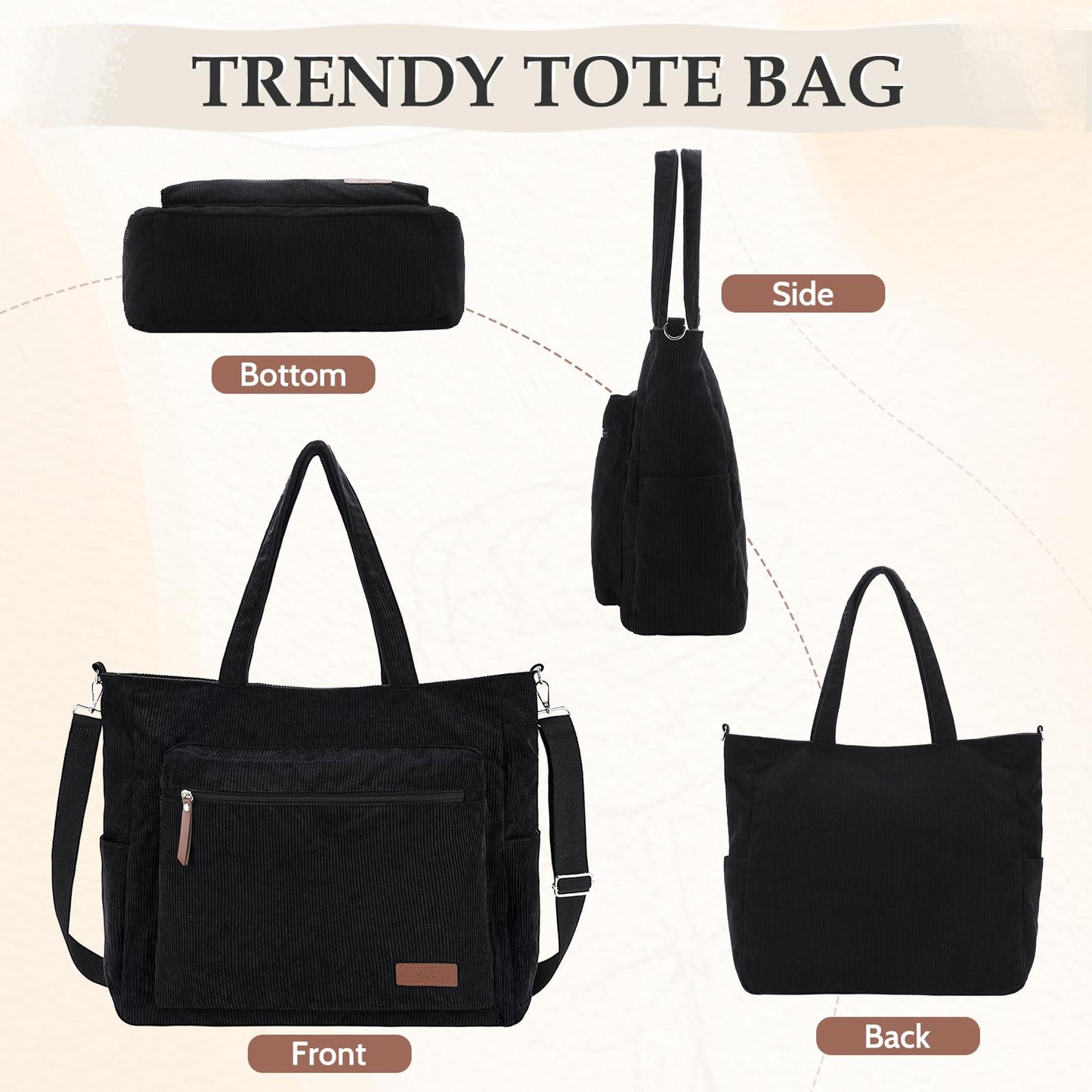 Kasqo Corduroy Tote Bag for Women, Extra Large Zippered Crossbody Shoulder Purse with 15.6" Laptop Compartment for Work Travel School College, Black