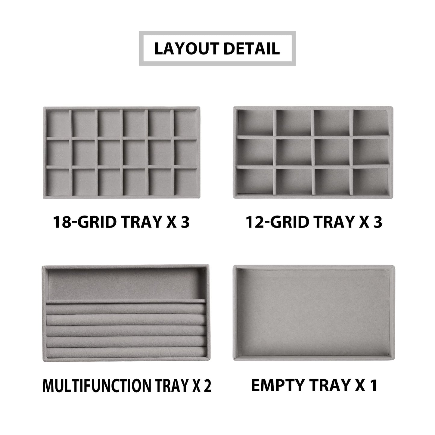 Frebeauty Jewelry Organizer Tray,Stackable Velvet Jewelry Trays,Drawer Inserts Earring Organizer For Women Girls Jewelry Storage Display Case for Rings Stud Necklaces,Set of 9(Grey)