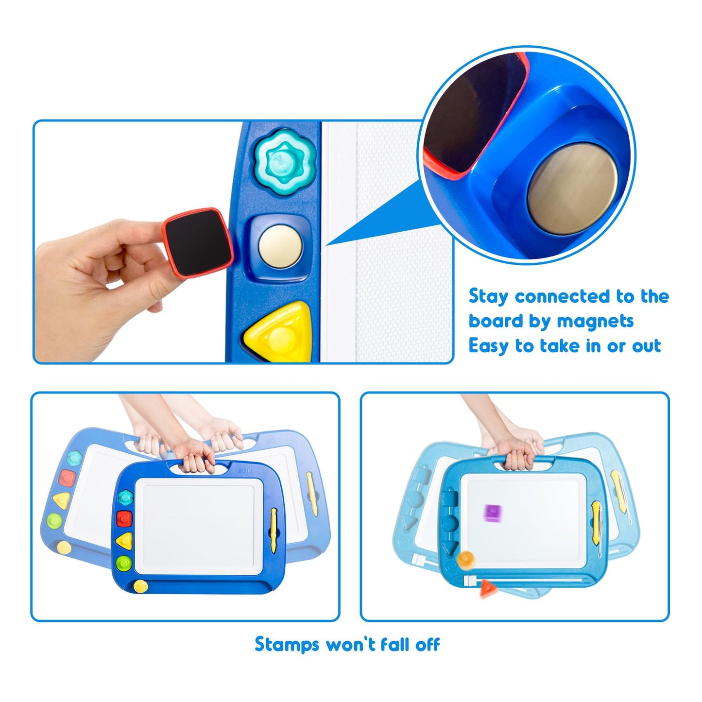 SGILE Large Magnetic Drawing Board, 16×13in Writing Painting Doodle Pad with 4 Stamps for Toddlers, Learning Educational Toy Etch Sketch Gift for 36+ Month Kids Girls Boys, Blue