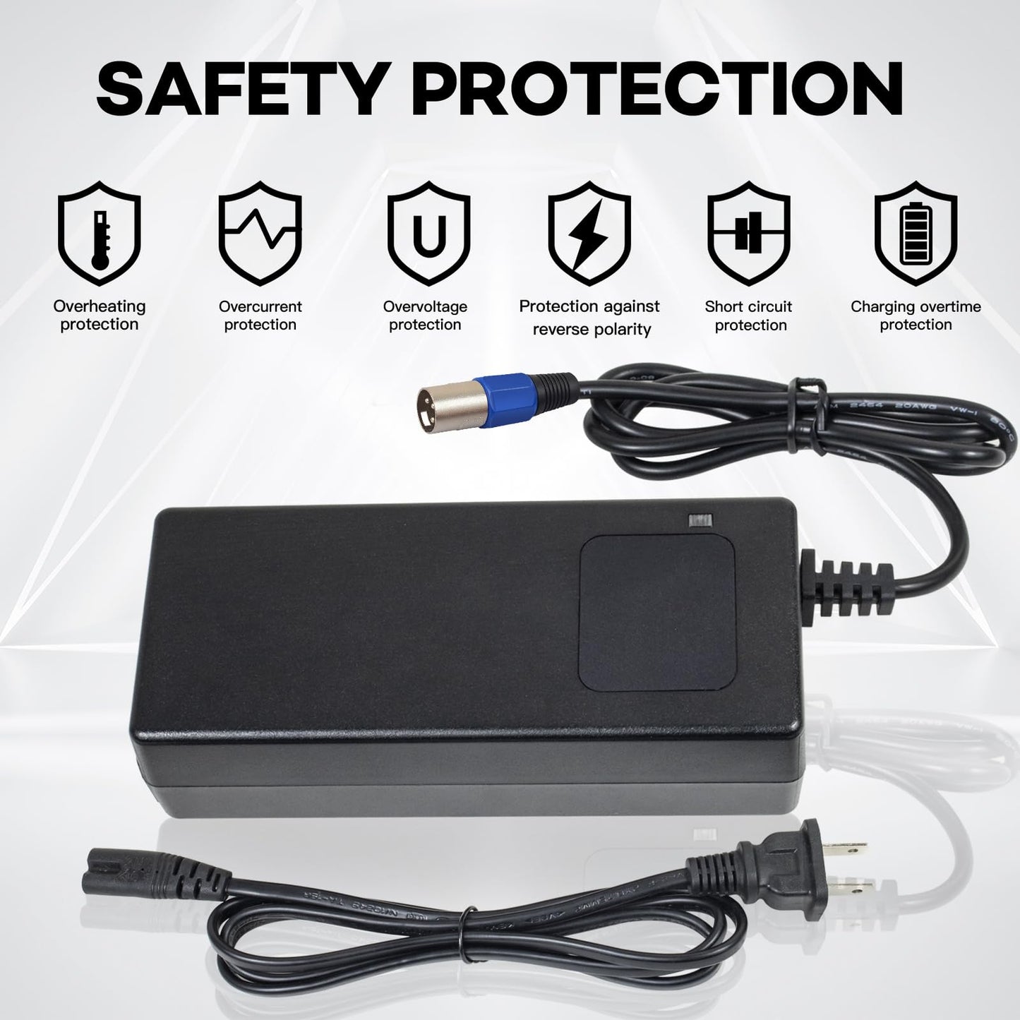 54.6V 2A Battery Charger for 48v Li-ion Battery Pack, 3-Pin Male XLR Connector, Equipped with HD Display to Show The Current Voltage, Multiple Security Protection and Smart Shut-Off Charging