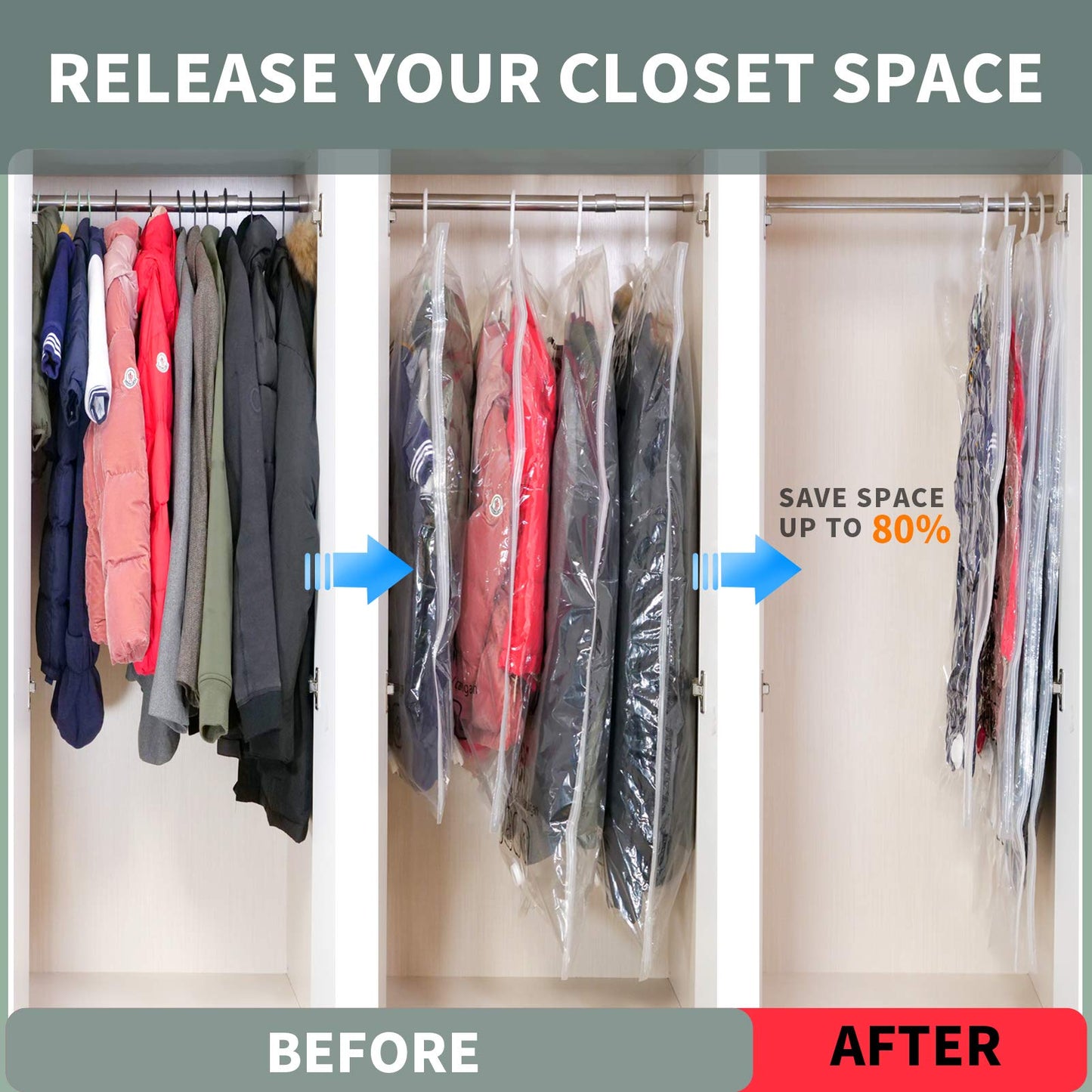 Meetall 6Pack Hanging Vacuum Storage Bag,Reusable Space Saver Compressed Bag with Hanger.3pcs in 26.3x35.4inch (67x90cm) and 3pcs in 26.3x43.3inch (67x110cm).Work with Any Vacuum Cleaner.