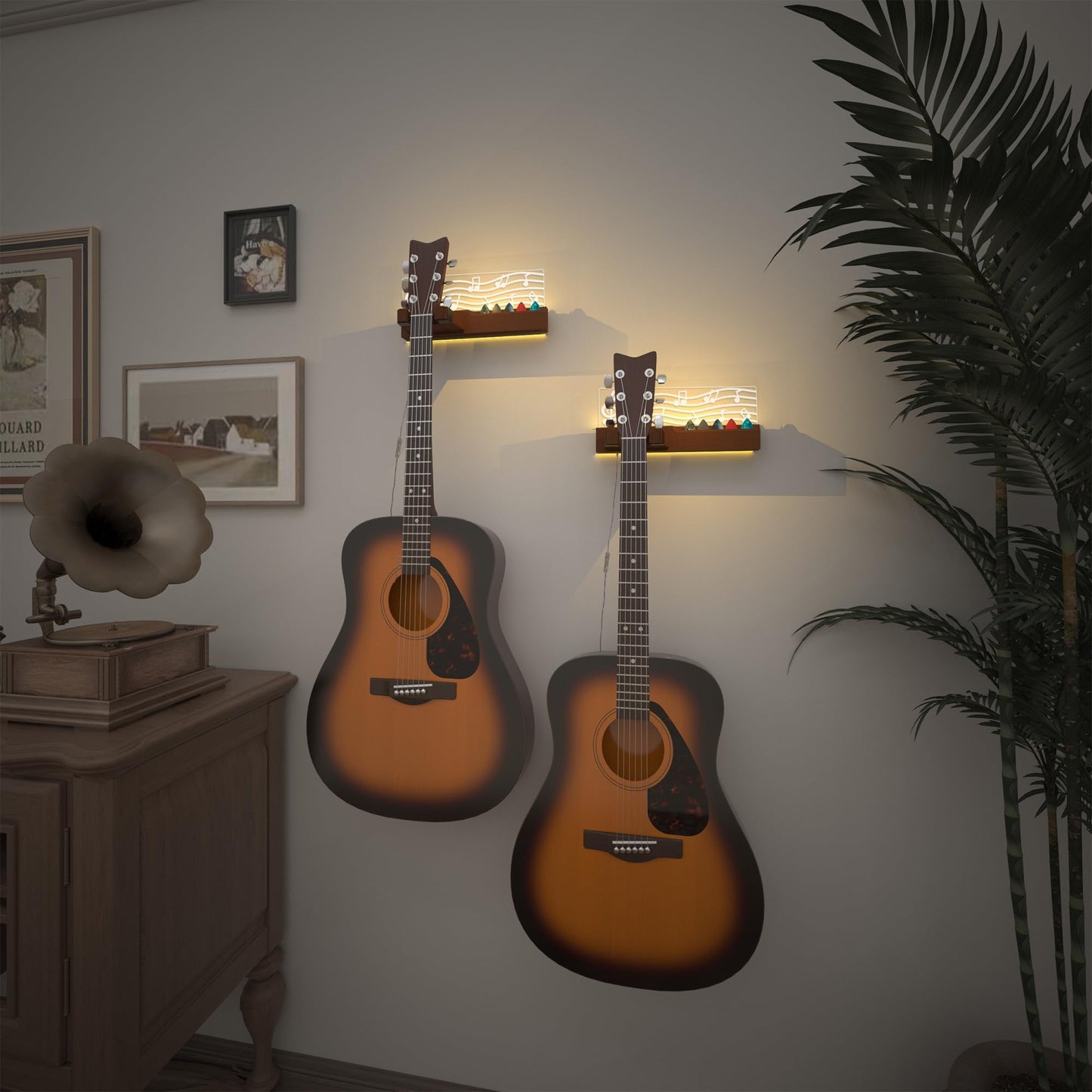 YuanDian Light Up Guitar Wall Mount with Pick Holder, LED Wooden Guitar Hanger USB Powered for Acoustic, Electric, Bass, Ukulele, Mandolin Display and Storage,Gifts for Guitar Players Men