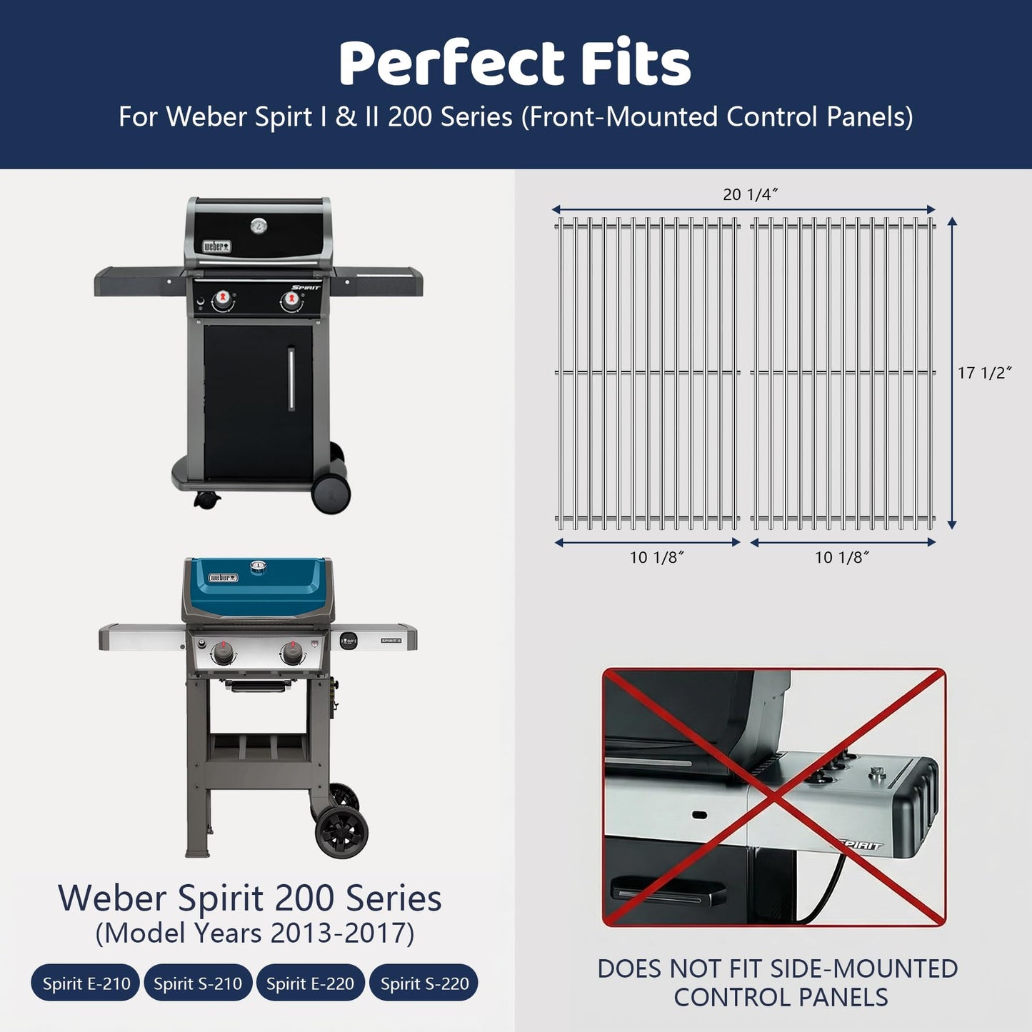 7637 Grill Grates for Weber Spirit I & II 200, Spirit E210 E220 S210 S220 Gas Grills with Front Control,7mm Premium Solid Food Grade 304 Stainless Steel Cooking Grates for Weber 46010074 Gas Grills
