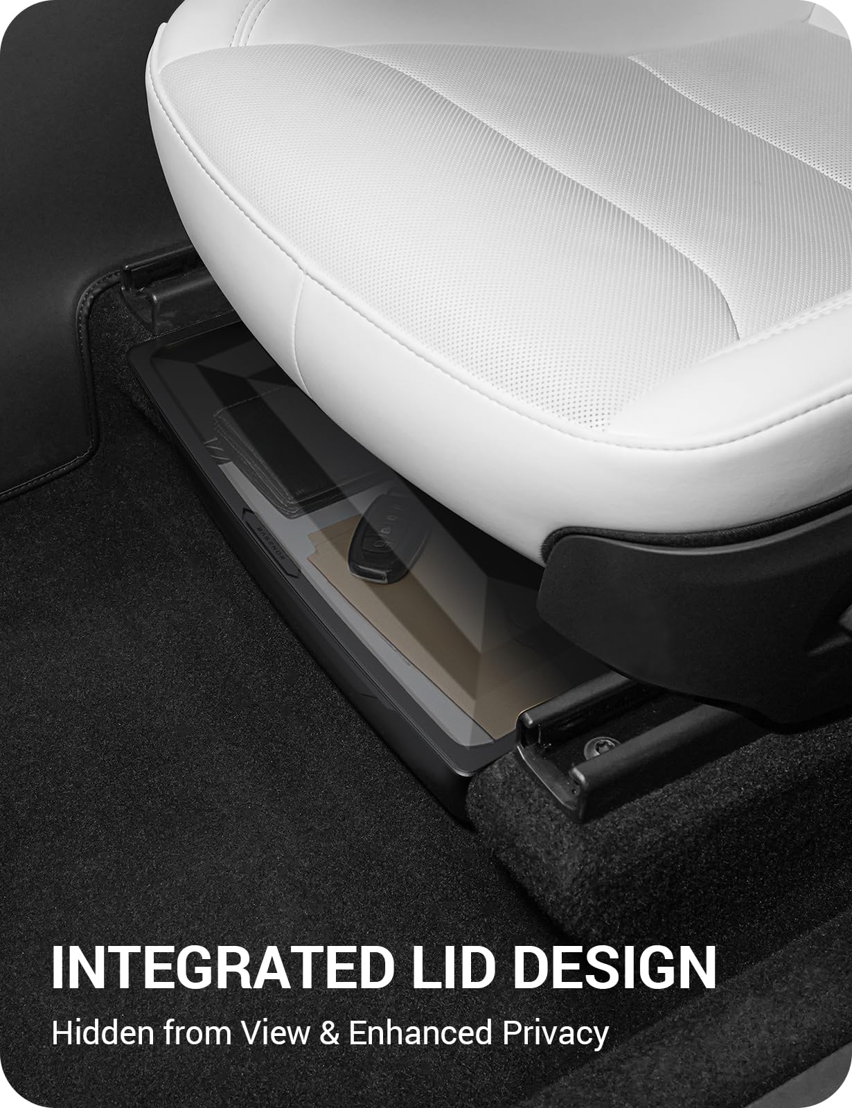 BASENOR 2PCS 2026 Tesla Model Y Juniper Under Seat Storage Box, Hidden Organizer Tray [No-Slip] with Dust Lid, Underseat Storage for 2025 2026 Model Y Juniper (Standard/Premium/Performance)