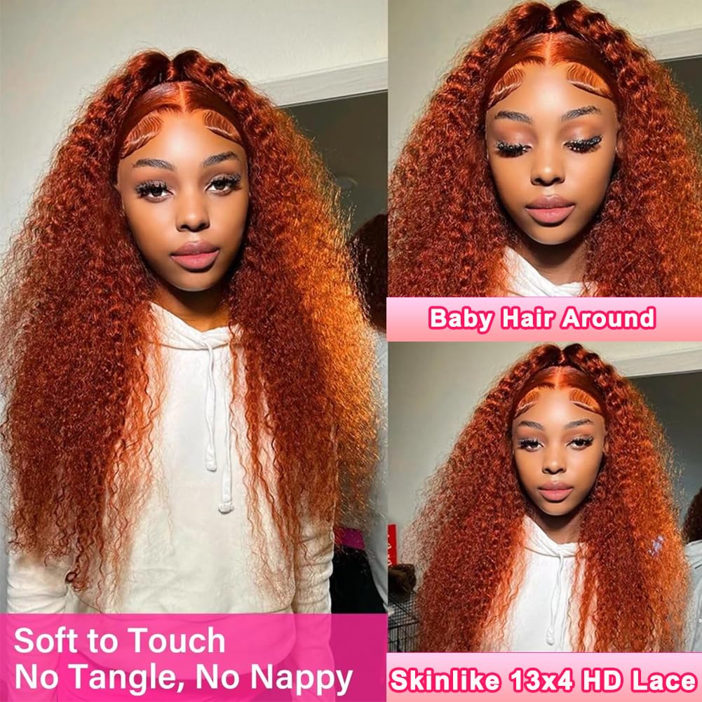 ALSZIQIHR Ginger Orange Water Wave Front Wig Human Hair Color 13x4 HD Transparent Lace Front Human Hair Wig for Black Women 180% Density R