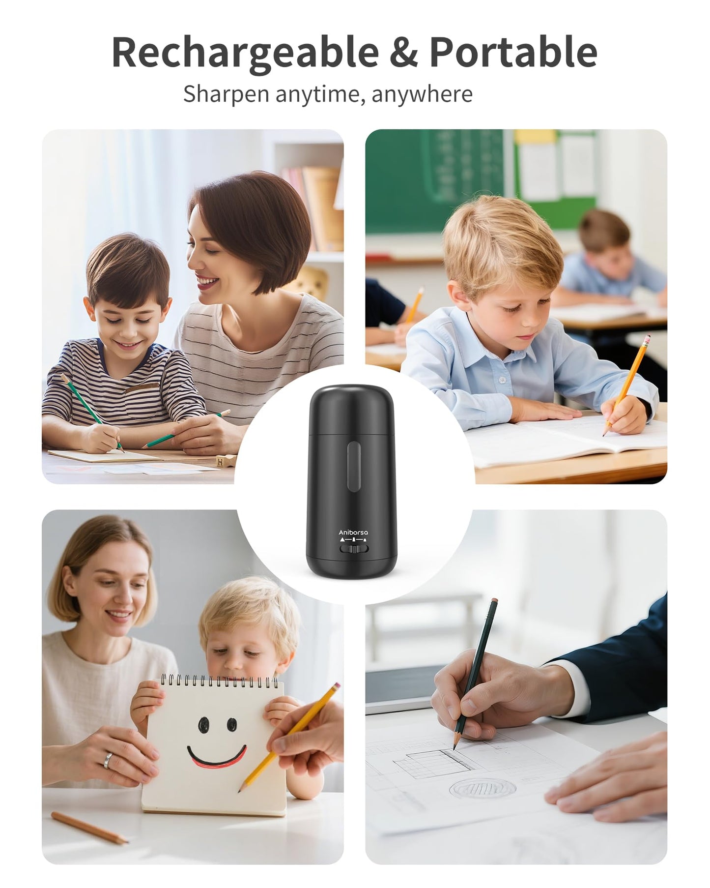 Aniborsa Automatic Electric Pencil Sharpener - Auto Feed, Auto Stop & Auto Eject for School, Office, Home, Black