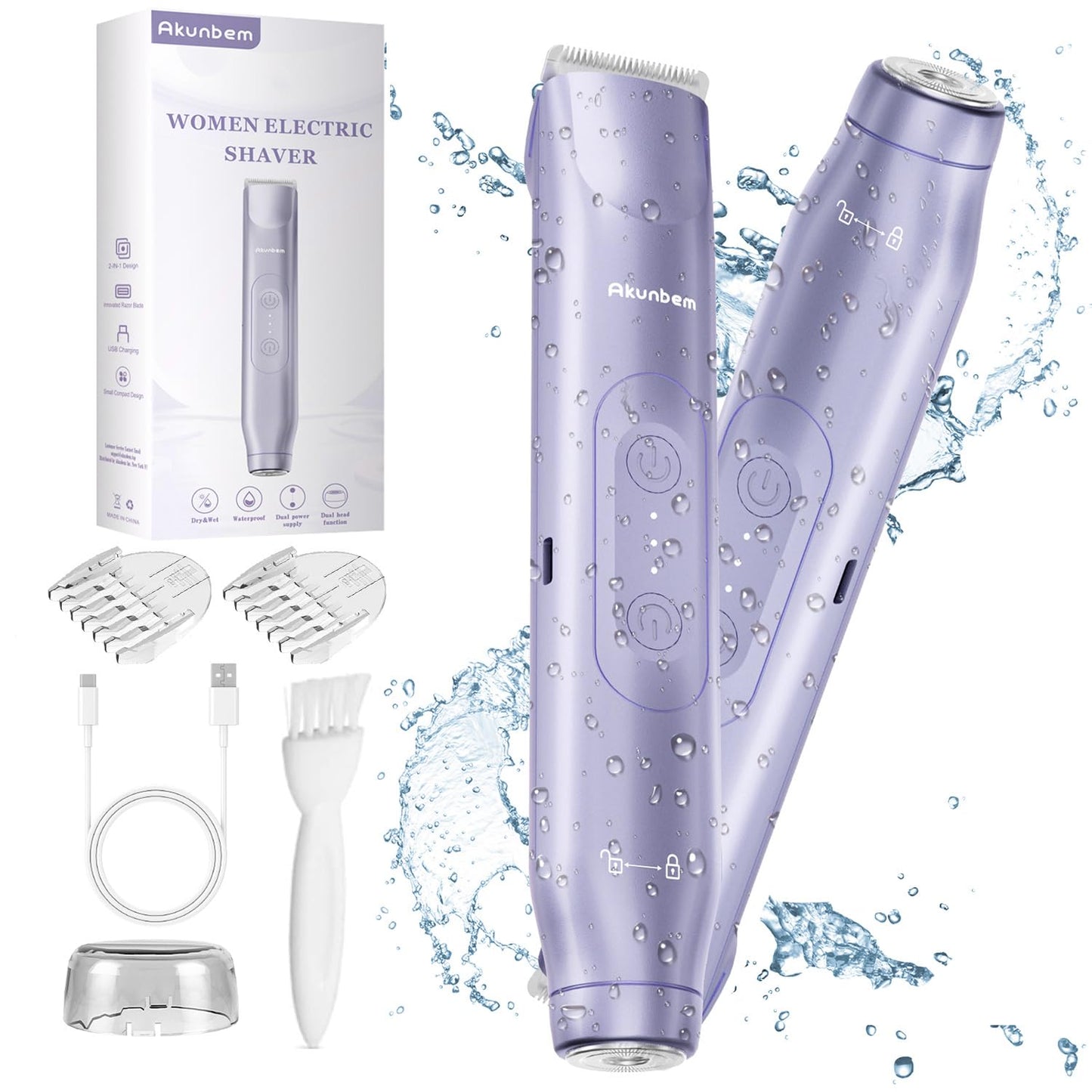 Akunbem 2 in 1 Women Electric Shaver Dual Head Bikini Trimmer for Women IPX7 Waterproof Wet & Dry Use Body Hair Trimmer and Facial Hair Remover for Bikini Underarm Leg Arm Body Face, Purple