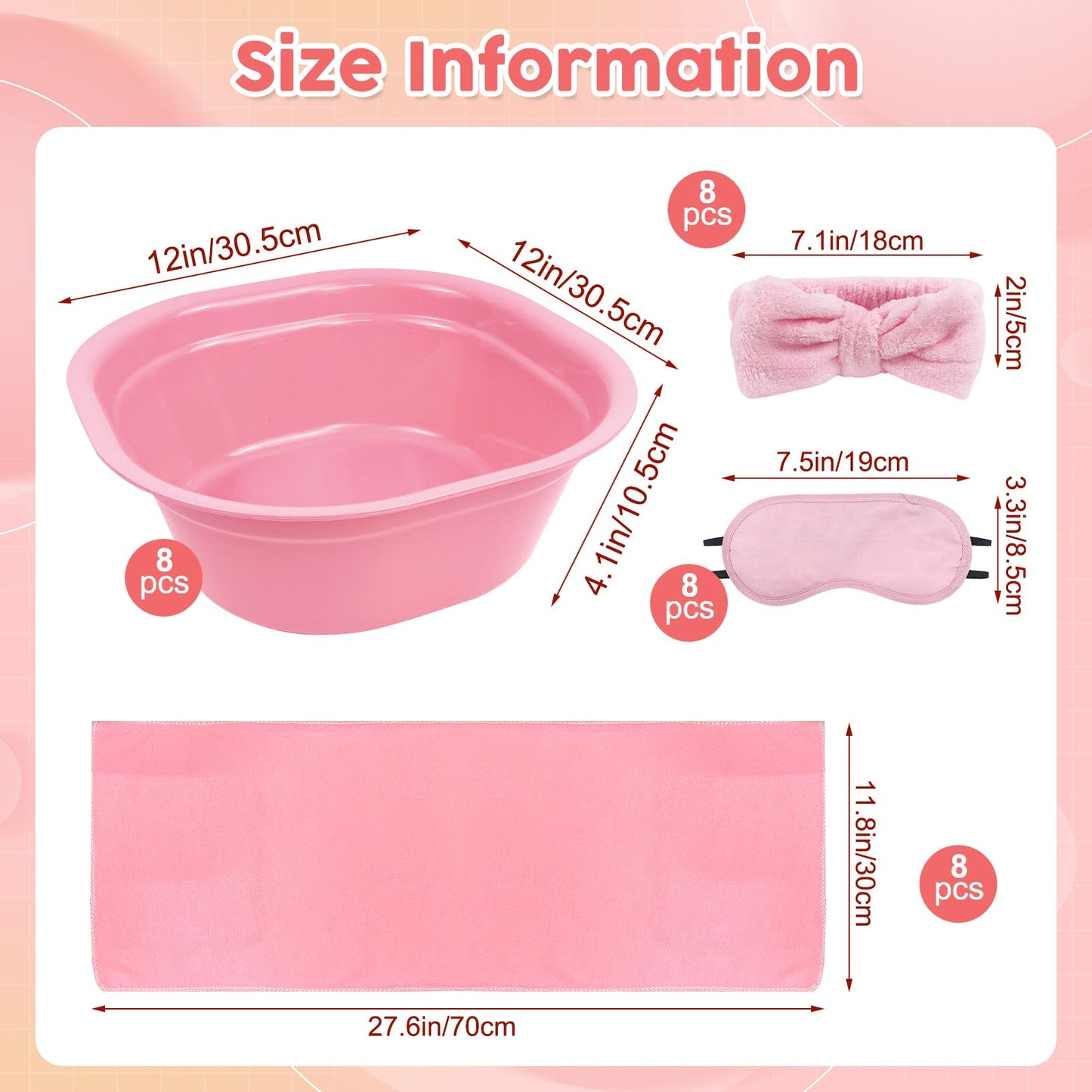 32 Pcs Foot Spa Kit for Kids, Light Pink 8 Foot Tubs for Soaking & 8 Towels & 8 Hairbands & 8 Eye Masks, Spa Party Supplies for Girls for Sleepovers Slumber Party