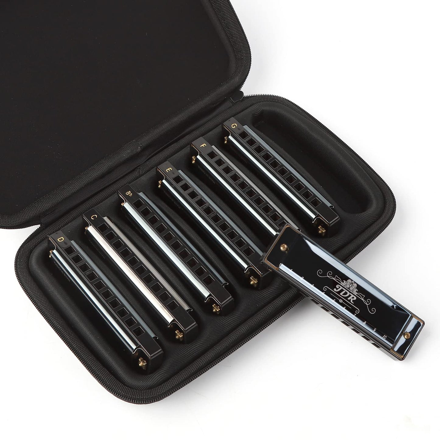 JDR Harmonica Set of 7 Key of C D E F G A and Bb 10 Holes 20 Tones Blues Harp Diatonic Mouth Organ Harmonicas with EVA Protective Case for Adults Kids Beginner Professionals Pop Black New Year Gift