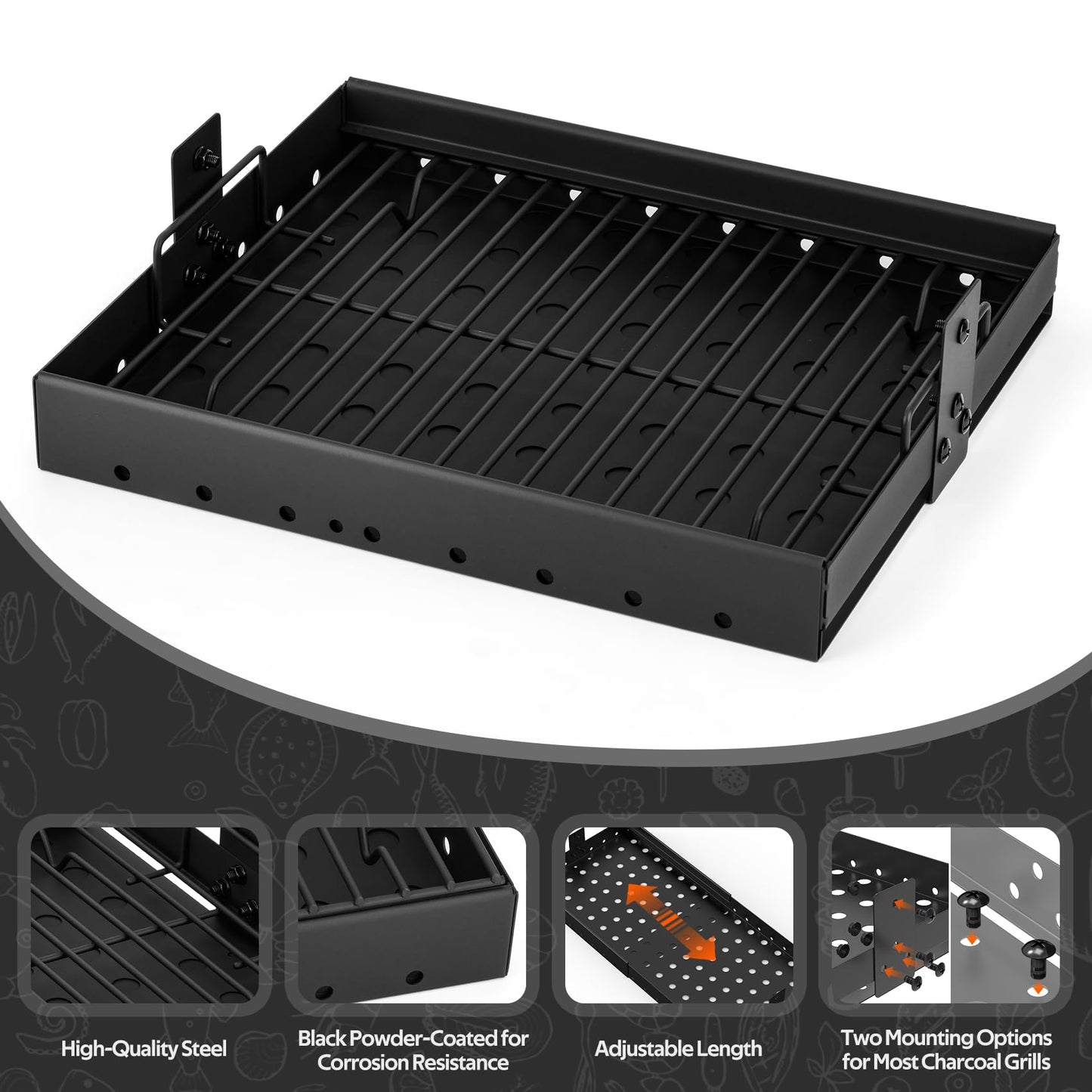 Onlyfire 15-28 Inches Stretchable Charcoal Tray for PS9900 47183T-21, Black High-Temperature Coating Charcoal Basket for HC4518L PS9500 Replacement Parts