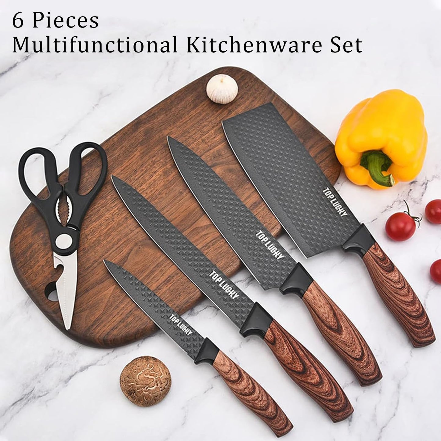 Kitchen Knife Set, 6-Pieces Black Sharp Knife Set for Kitchen, Non-Stick Non-Slip Stainless Steel Chef Knife Set with Universal Knife Block Suitable for Home Restaurant (Black)