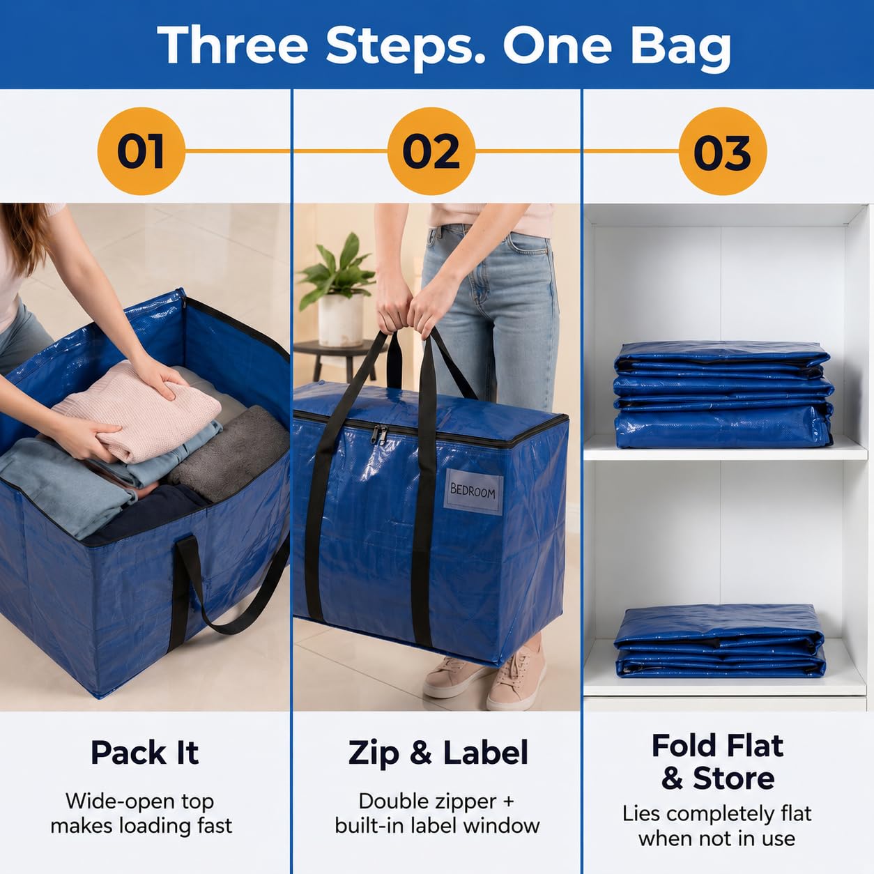 ClearSpace Heavy Duty Storage Bag - Large Moving Boxes with Backpack Straps, Zippers & Handles - Perfect for Traveling, Camping, Christmas Decorations, 4 Pack