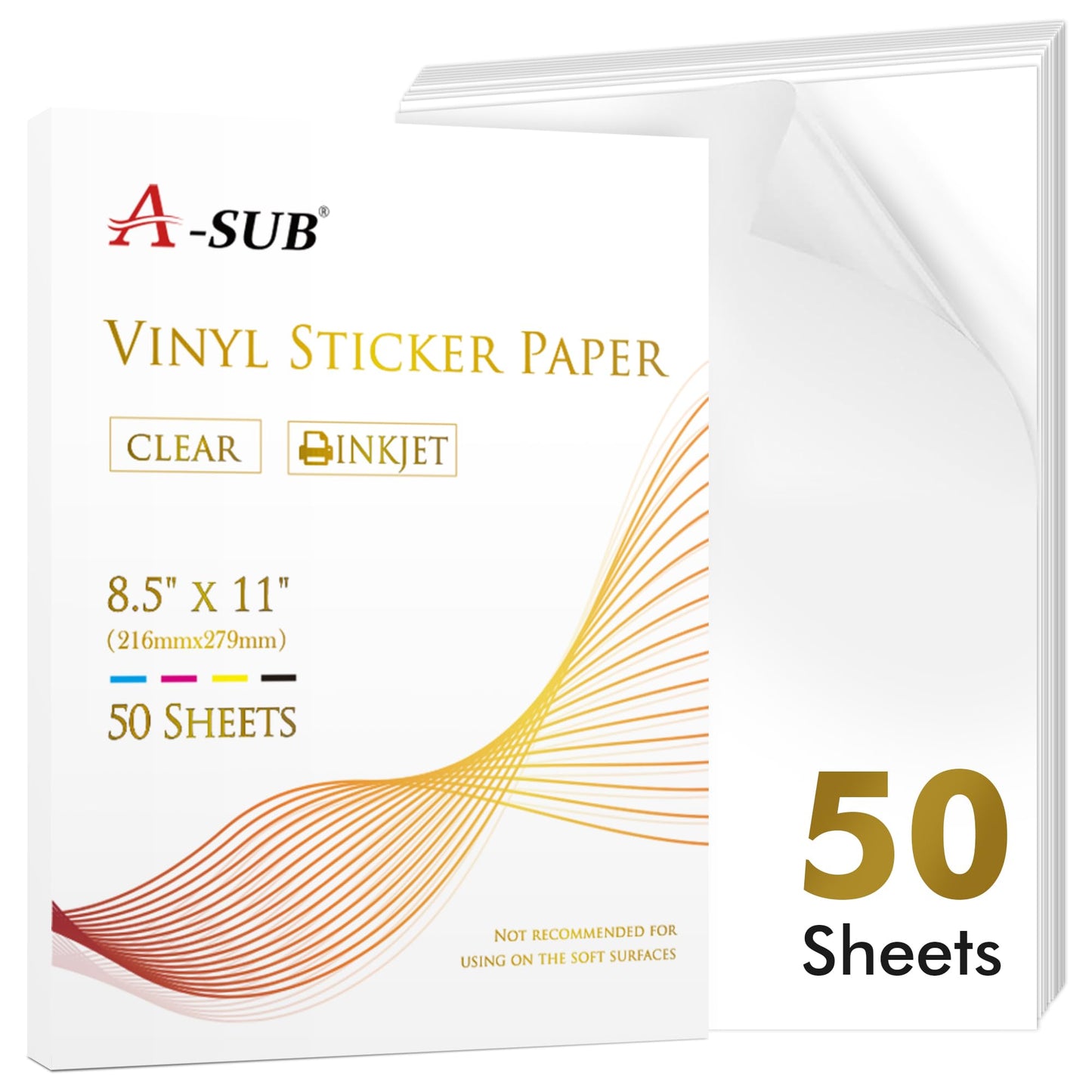 A-SUB Clear Sticker Paper for Inkjet Printers, Waterproof Translucent Printable Vinyl Sticker Paper - 50 Sheets 8.5x11 Inch Glossy Clear Label Paper for Custom Decals