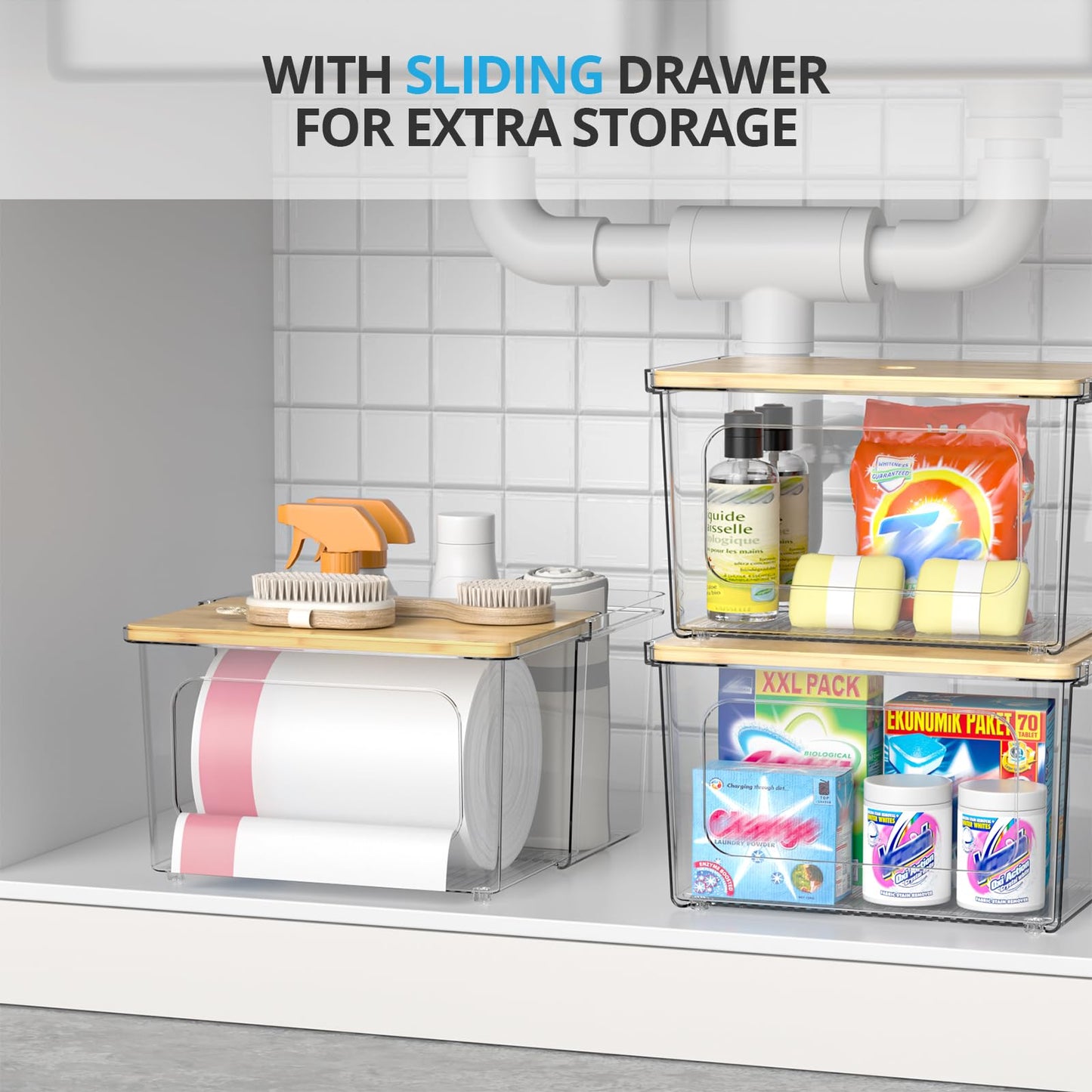 Tangyinus Trash Bag Dispenser Roll Holder - Clear Garbage Bag Holder with Bamboo Lid and Sliding Drawer Box, Kitchen, Under Sink, Laundry Room Organization and Storage