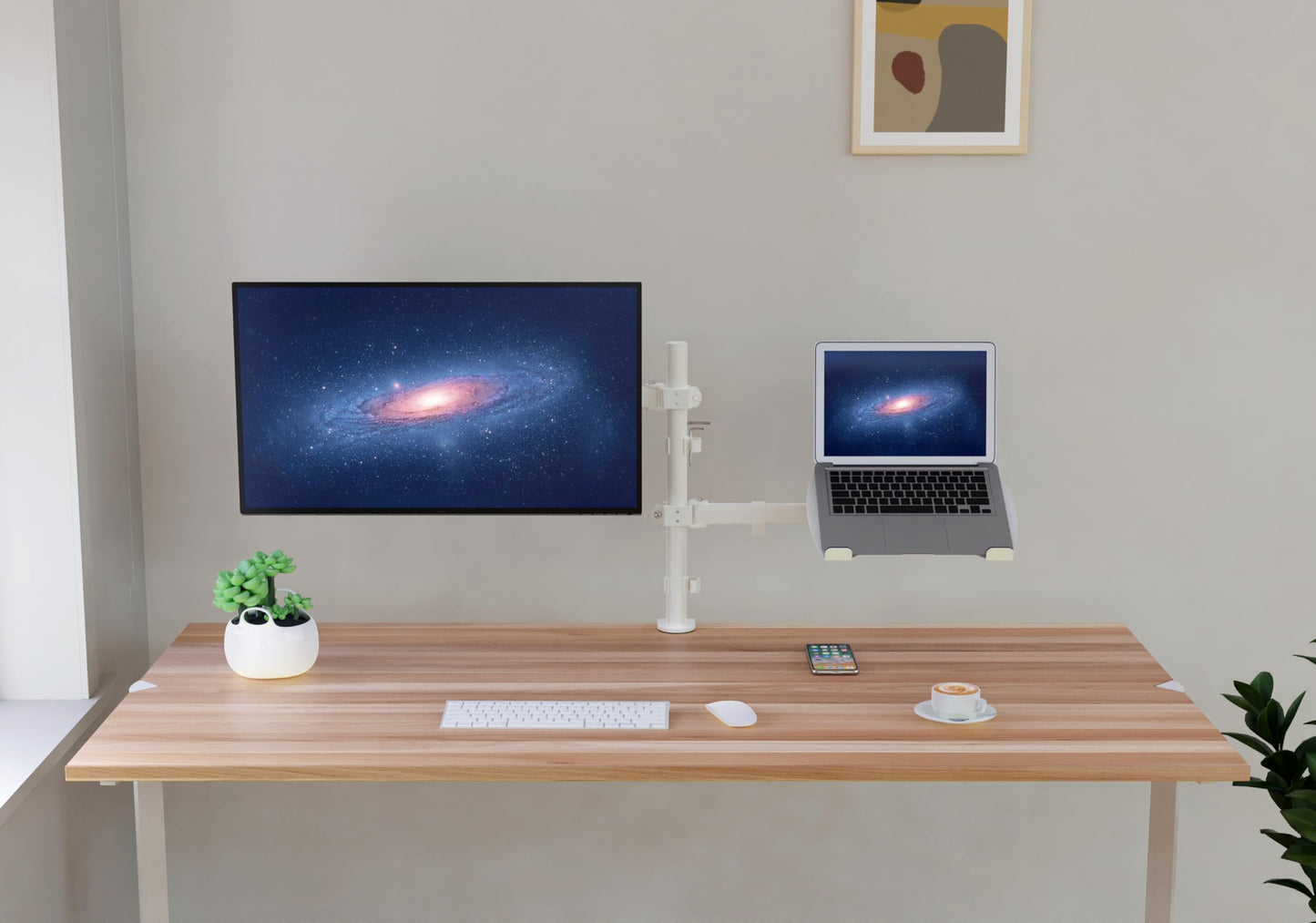 SHOPPINGALL Fully Adjustable Dual Monitor & Laptop Mount Stand Notebook Desk Mount with Tray with 2 Swing Arms for Monitors up to 32" Laptops up to 17", with Clamp and Grommet Mounting - SA-LH07-White