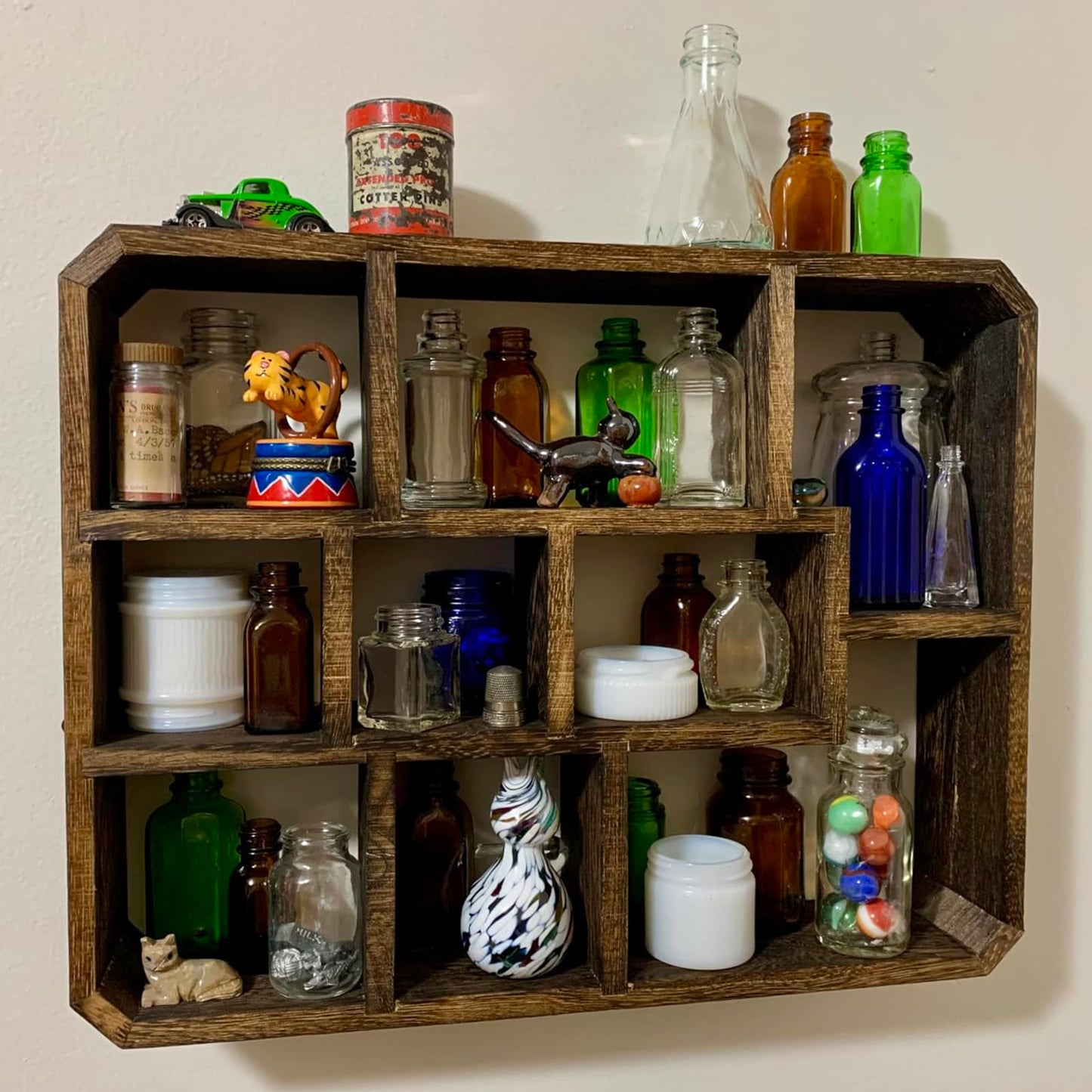 Frcctre Rustic Shadow Box Display Shelf, 9 Compartments Wood Hanging Display Floating Shelves, Multi-Slot Wall Mounted or Freestanding Farmhouse Decor Displays Case