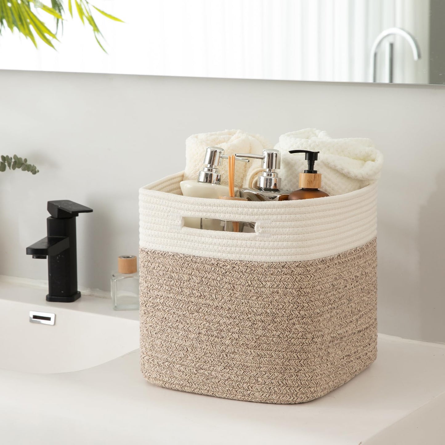 OIAHOMY Cube Storage Basket, 3-Pack Woven Cotton Rope Baskets for Storage, 11-Inch Cube Basket with Handles, Great for Shelves, Closets, Children's Toy Storage and Organization-White & Brown