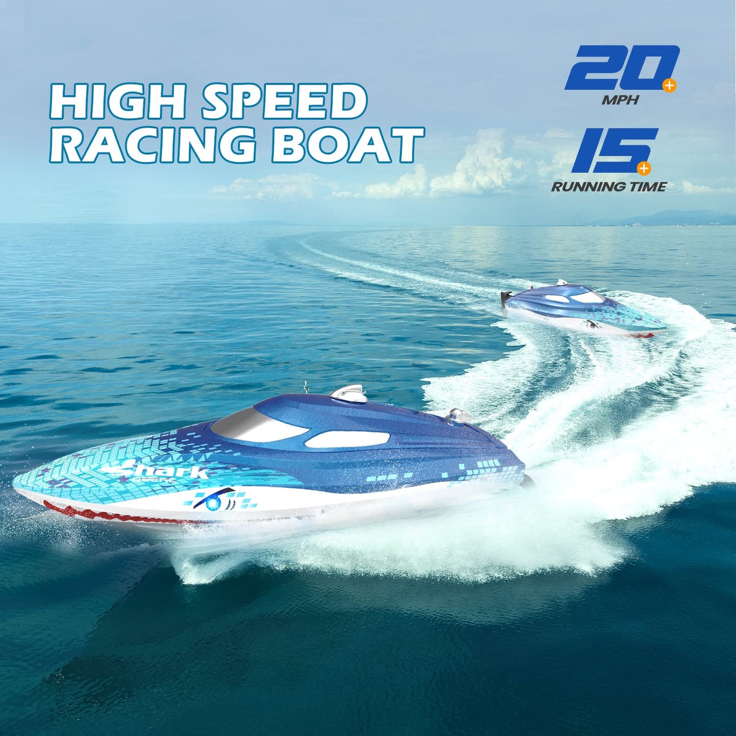 DEERC High Speed RC Racing Boat W/Shark Graffiti, 20+ MPH, Fast Remote Control Boat W/LED Lights for Pools and Lakes, 2.4Ghz RC Shark Toy for Kids & Adults, Demo Mode, Capsize Recovery, Water Toy