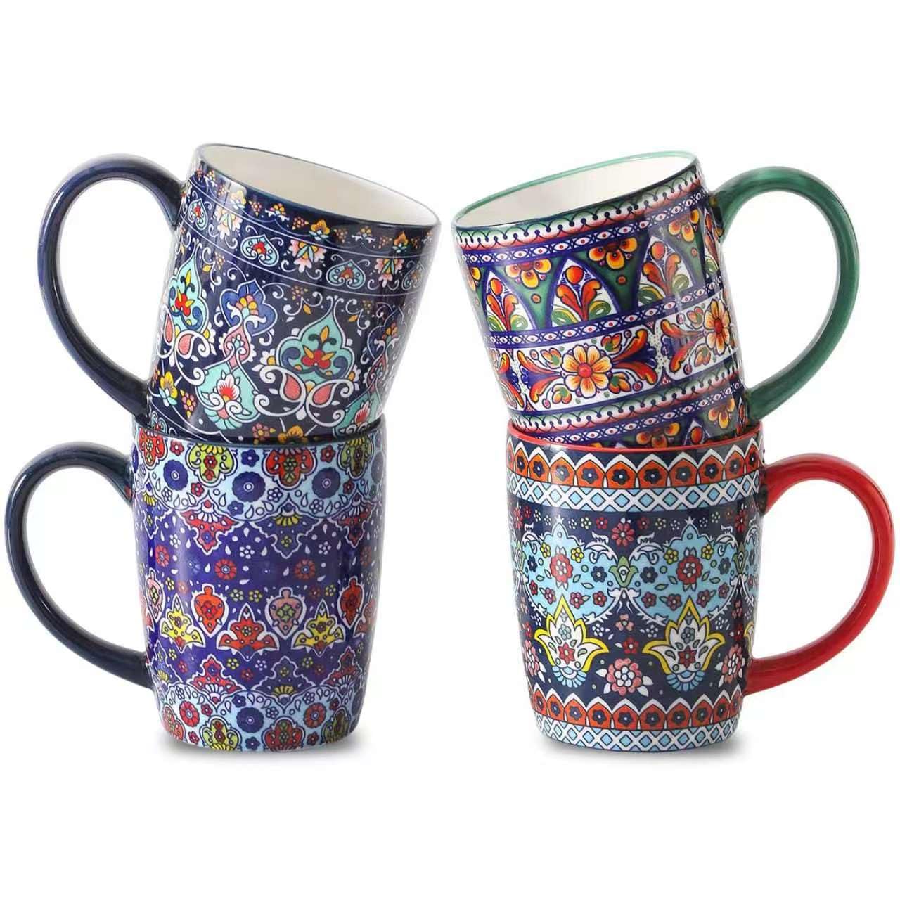 glowworm 16 oz Coffee Mugs Set of 4, Large Ceramic Coffee Cups, Colorful Mugs Set with Handles for Latte, Hot Cocoa, Tea, Housewarming Gift, Dishwasher & Microwave Safe, Bohemian