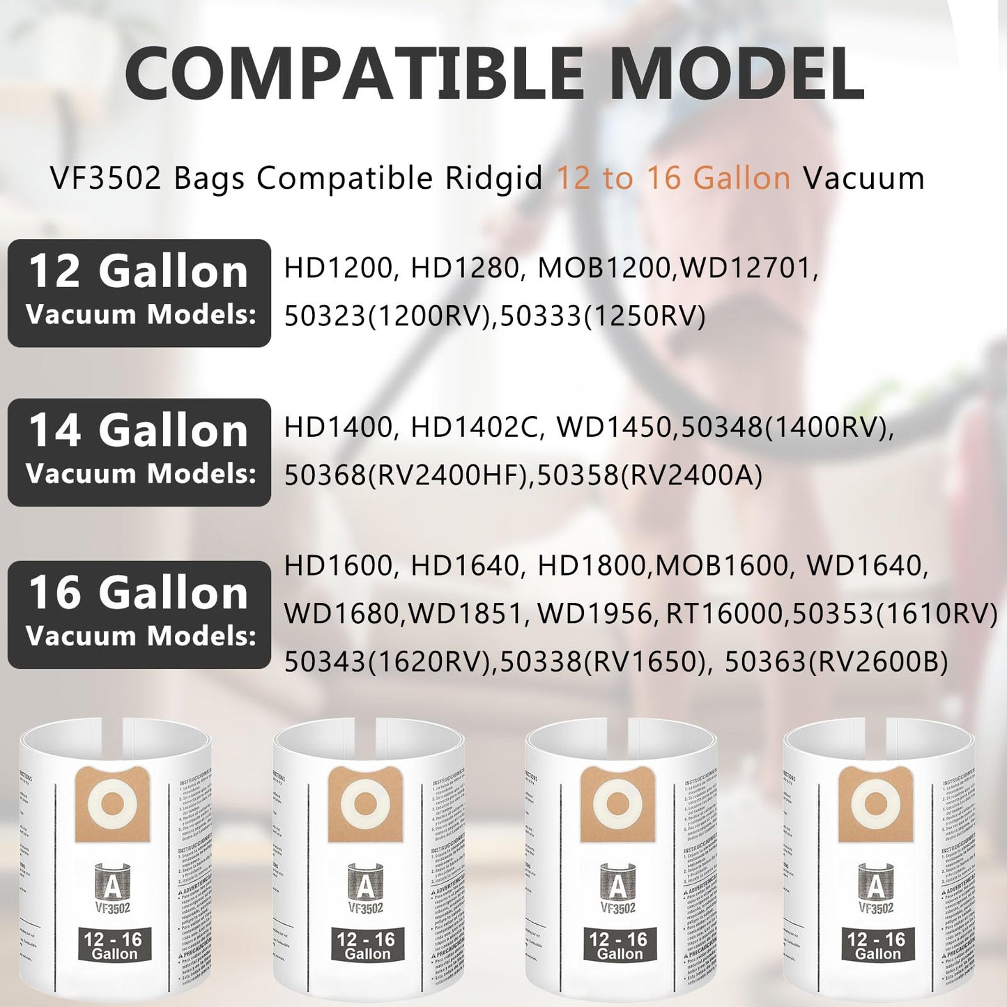 Replacement for Ridgid Shop Vac bags, 9 Pack VF3502 Vacuum Bags Compatible with RIDGID 12-16 Gallon Wet/Dry Cleaners,Size A /23743 Models