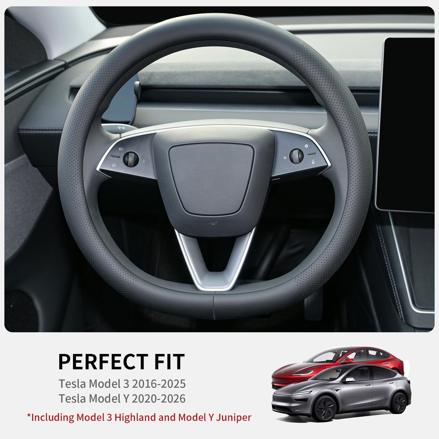 Uxcer Nappa Leather Steering Wheel Cover Compatible with Tesla Model 3/Y 2016-2025 2026 Juniper/Highland, Non-Slip Breathable Model 3/Y Steering Wheel Protector, Black