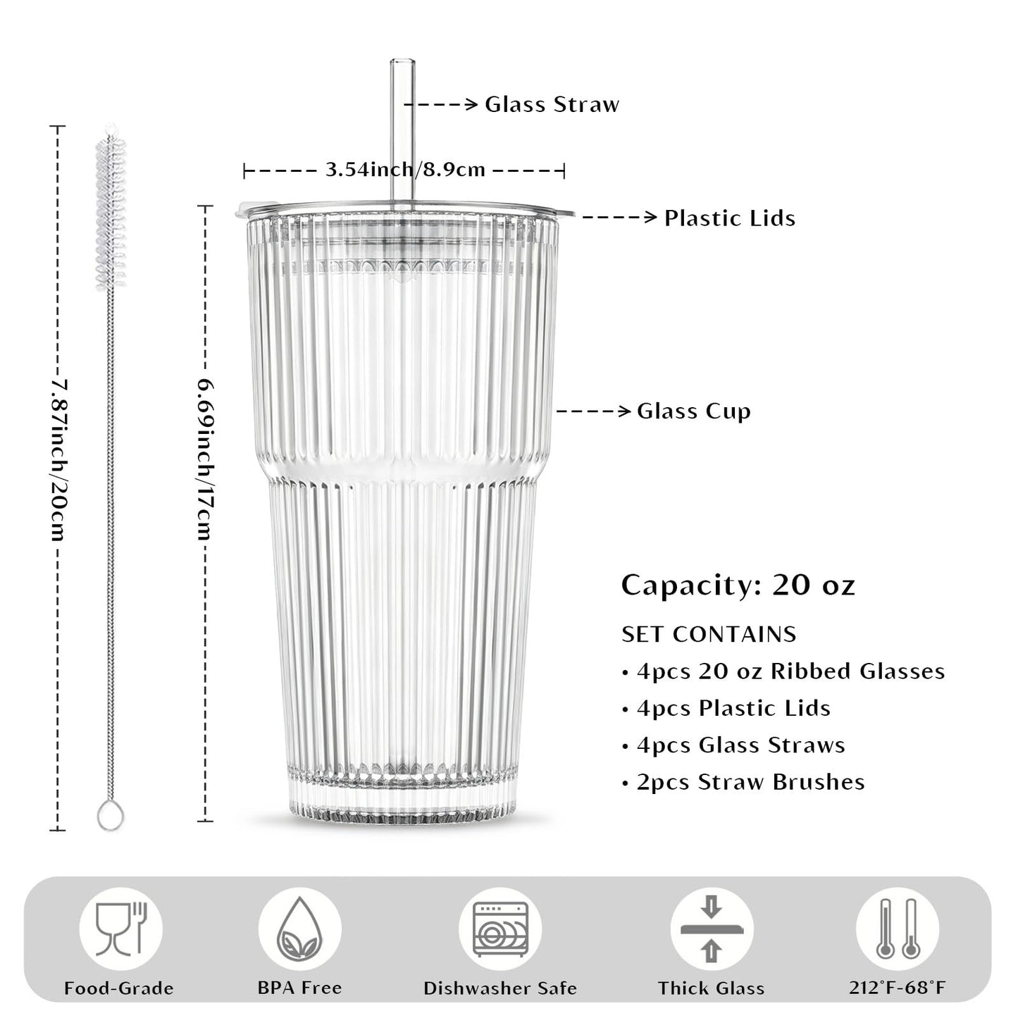 INSETLAN 20 oz Ribbed Glass Tumblers with Lids and Glass Straws – 4-Piece Glassware Set, Heavy-Duty Tumblers, Ideal for Iced Coffee, Smoothies, Cocktails, and Juices – Elegant and Durable Drinkware