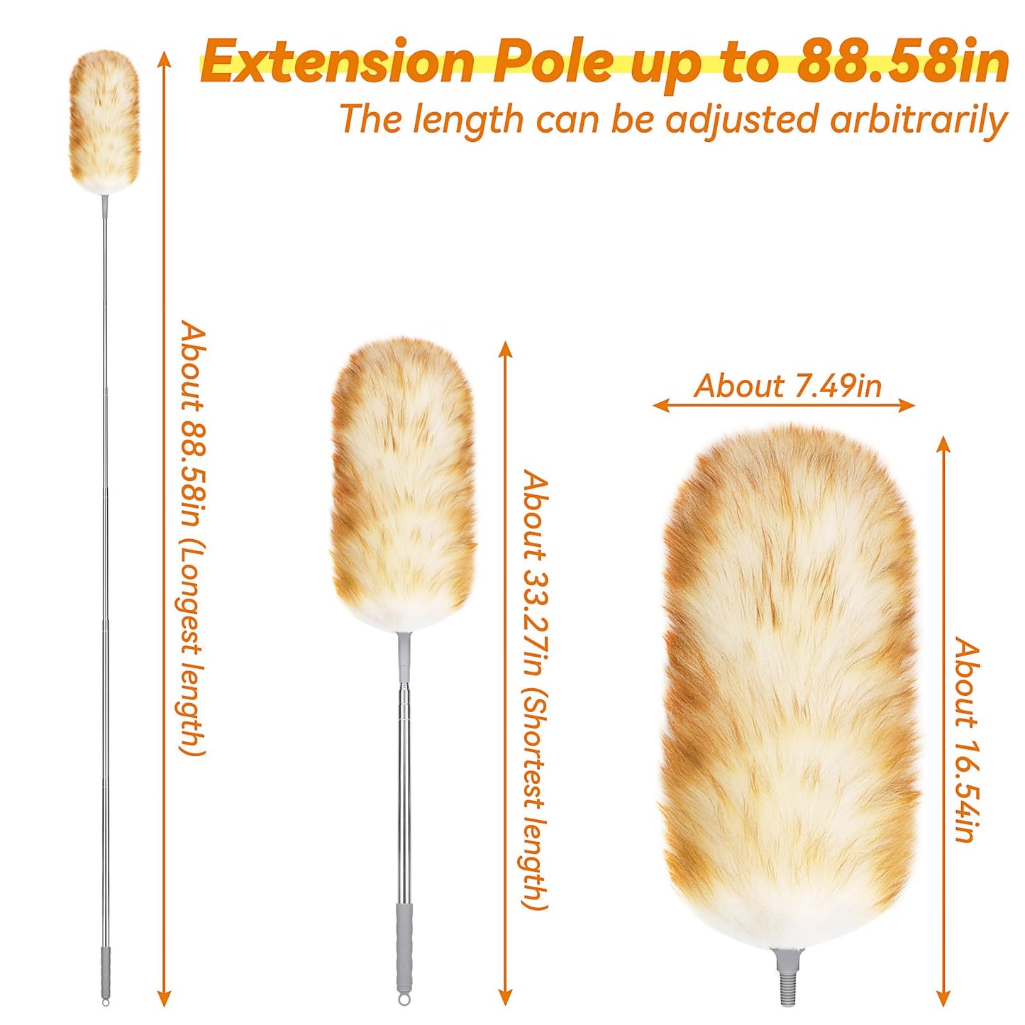Lambswool Duster with Extension Pole up to 88.58” - Natural Feather Dusters Long Handle Stainless Steel, Fluffy Feather Duster for Cleaning High Ceiling Fans, Window Blinds Shelves, Furniture, Car