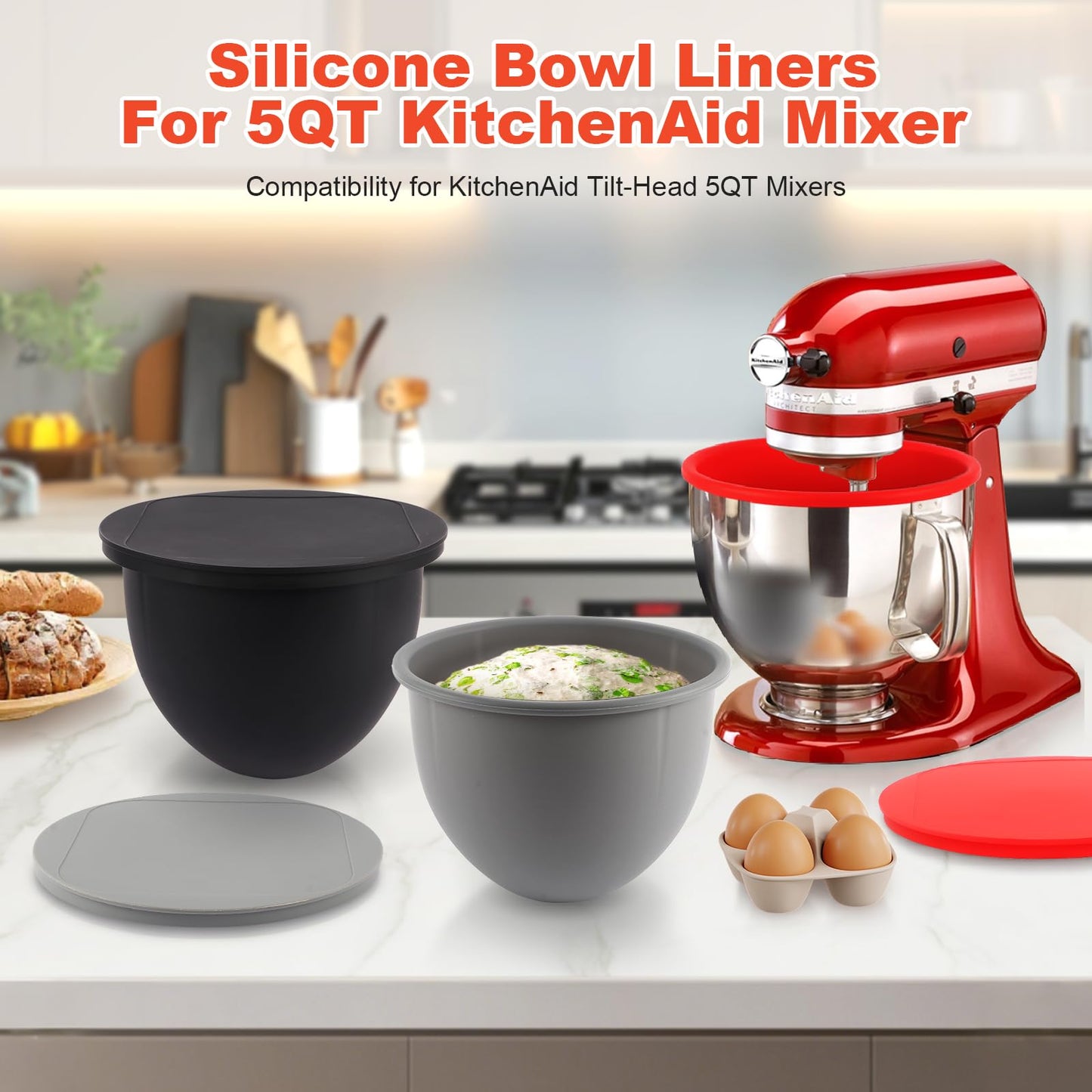 Silicone Bowl Liners with Lids for KitchenAid 5 Qt Mixers, 3-Pack Mixing Bowl Inserts Accessories