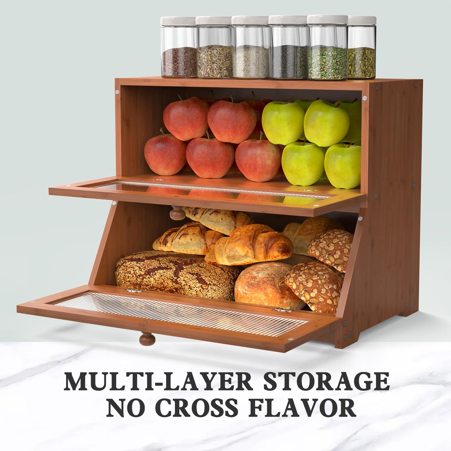 LOHASOK Double Layer Bamboo Bread Box for Kitchen Counter-Large Capacity Bread Storage Container Farmhouse Bread Box with Window Bread Holder (Brown)