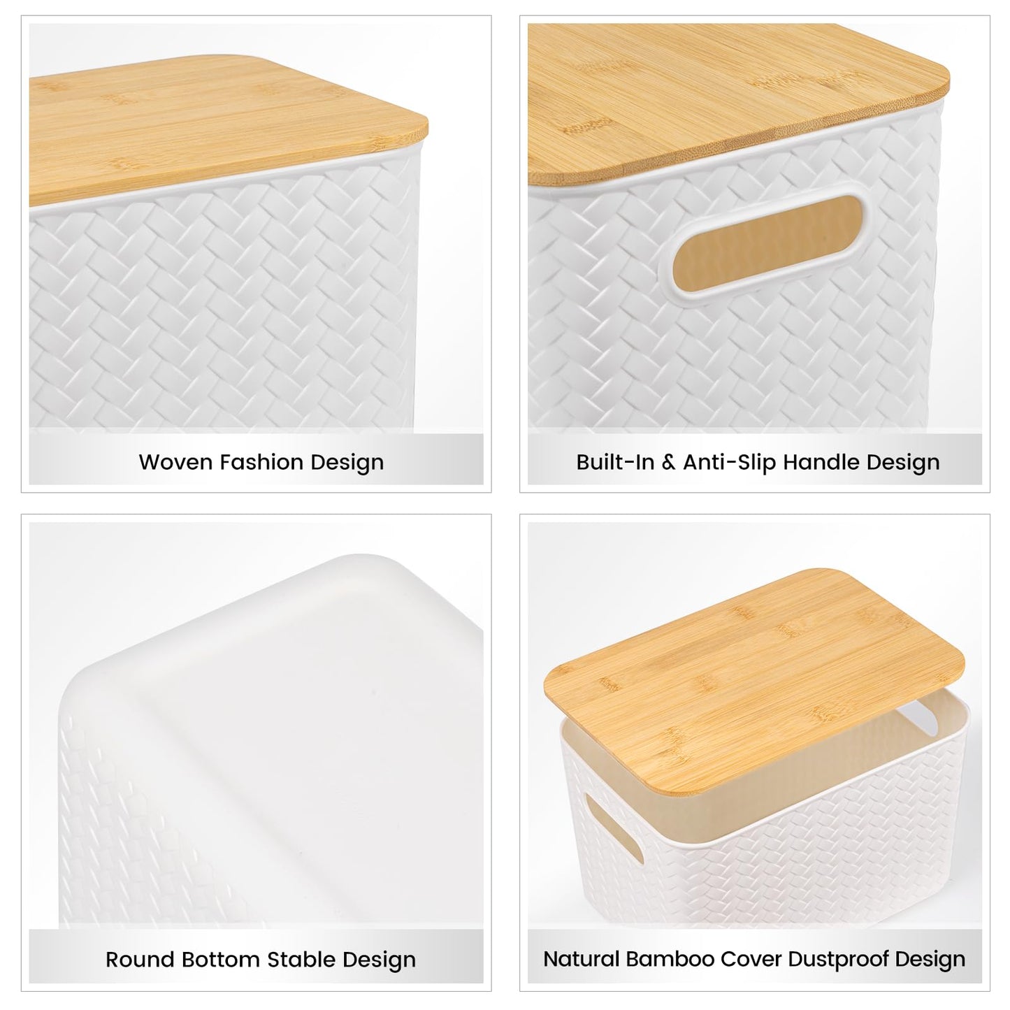 4 Packs Storage Bins with Bamboo Lids - Plastic Storage Containers with Lids Stackable Storage Box: Storage Baskets for Organizing Desktop Closet Playroom Classroom Office,White