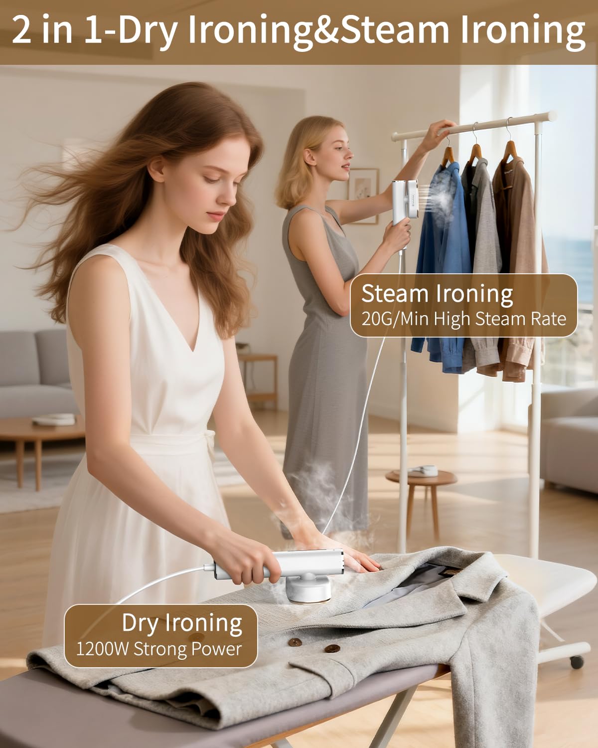 Hulmay Steamer Clothes, 1200W Clothes Steamer, Steam Iron 2-in-1, Portable Handheld Steamer for Travel 10s Heat-Up, Travel Size Clothing Steamer and Garment Steamer for Home, Office -White, 110-120V