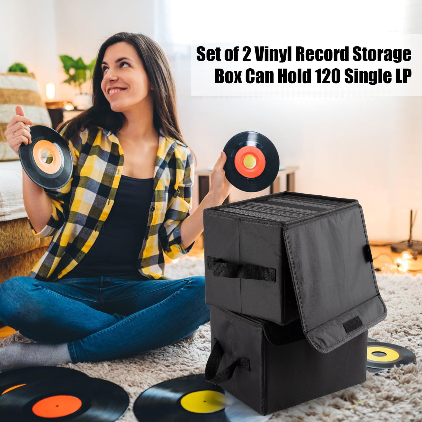 alavisxf xx 7-inch Vinyl Record Storage Box, Nylon Foldable and Stackable Set of 2 Vinyl LP Storage Organizer Case with Lid and Handle Can Hold 120 Single Record (7-inch)