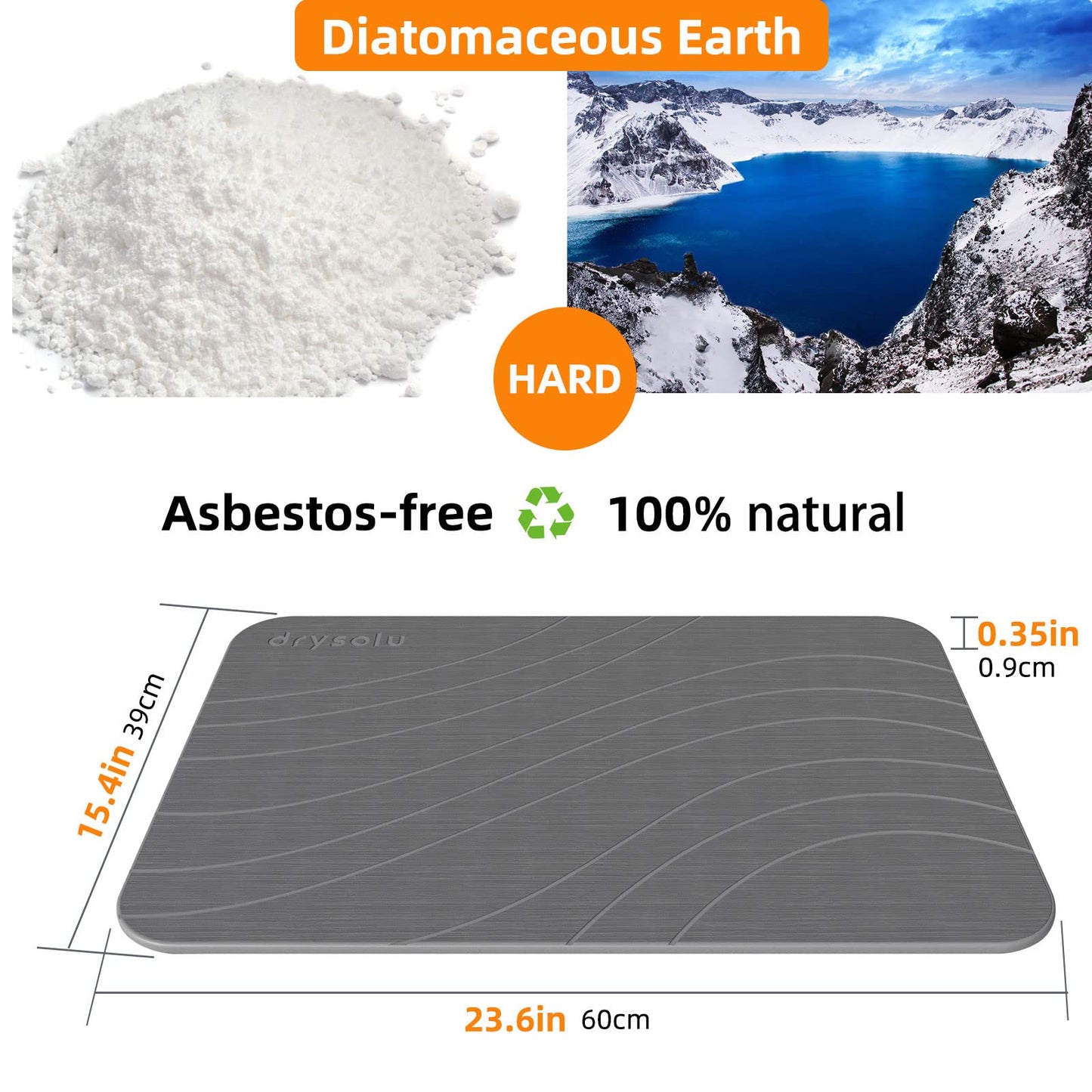 DRYSOLU Stone Bath Mat Diatomaceous Earth Bath Mat Stone Shower Mat Fast Water Drying Ultra Absorbent Pad Diatomite mat,Non-Slip Mat for Bathroom Shower,Kitchen,Pet,15.35x23.62in,Hard,Gray,1-Pack