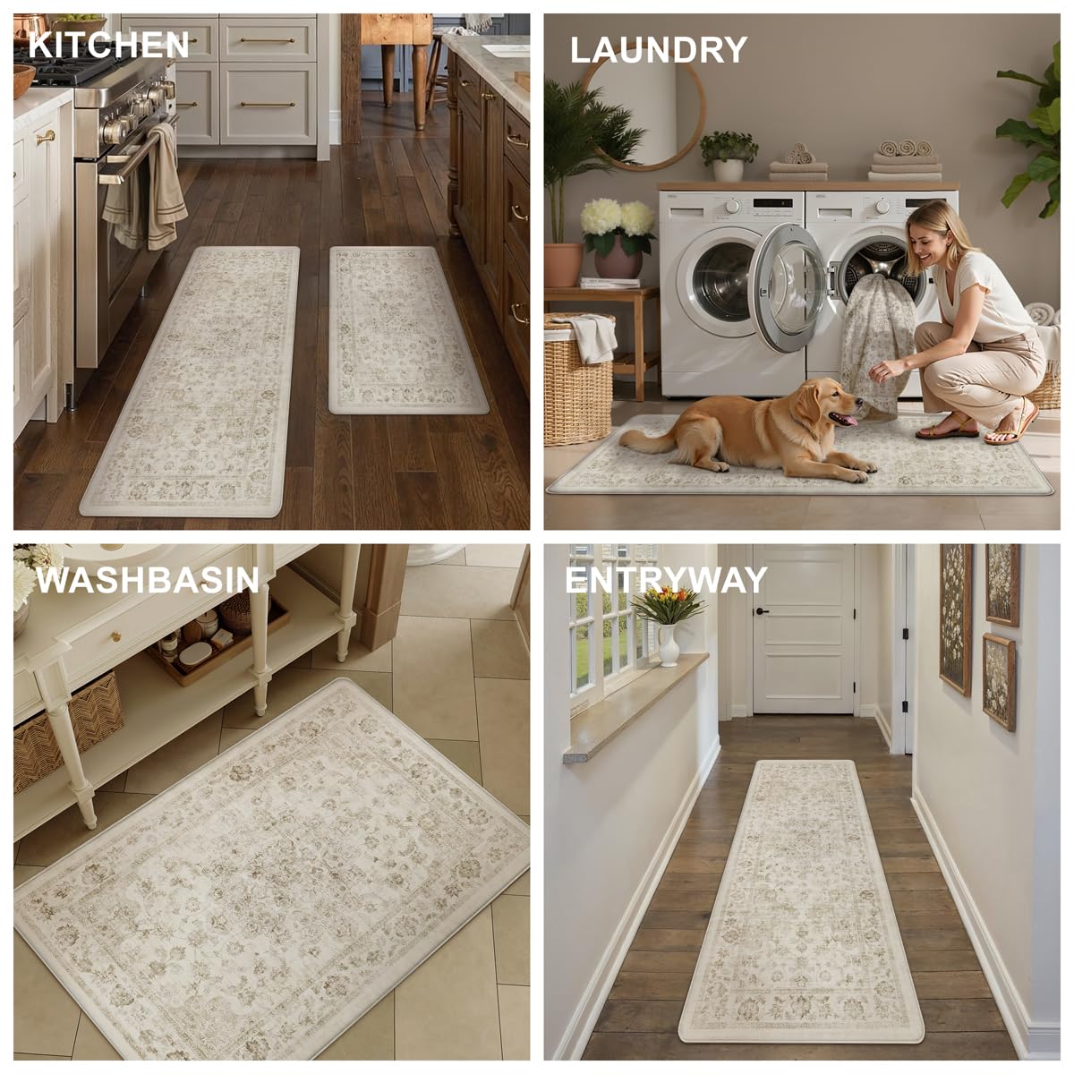WondRg Kitchen Mats for Floor Set of 2 Anti Fatigue Waterproof Kitchen Rug Beige Neutral Washable Non-Slip Kitchen Mats Comfort Standing Mat Cushioned for Sink Laundry Office 17.3"×47"+17.3"×30"