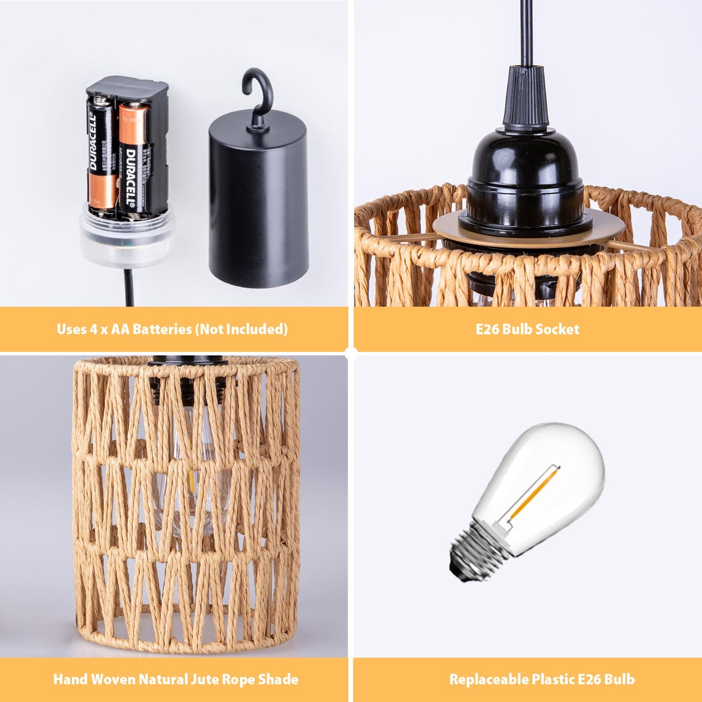 ALL FORTUNE Battery Operated Chandelier, Battery Hanging Pendant Light, Rattan Lights with Warm White Bulb, 4*AA Battery Powered, for Gazebo Pergola Porch Patio Outdoor Indoor Decor (3)