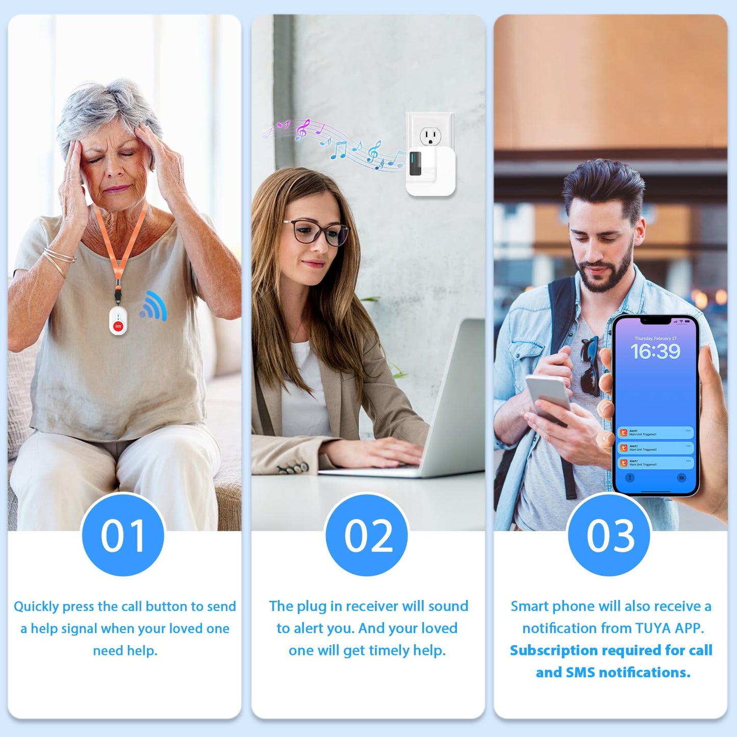 DAYTECH Wireless Caregiver Pager Emergency Button for Seniors WiFi Smart Caregiver Call Button Panic Alert System for Elderly, 1 Receiver 2 Transmitters(Only Supports 2.4GHz Wi-Fi)