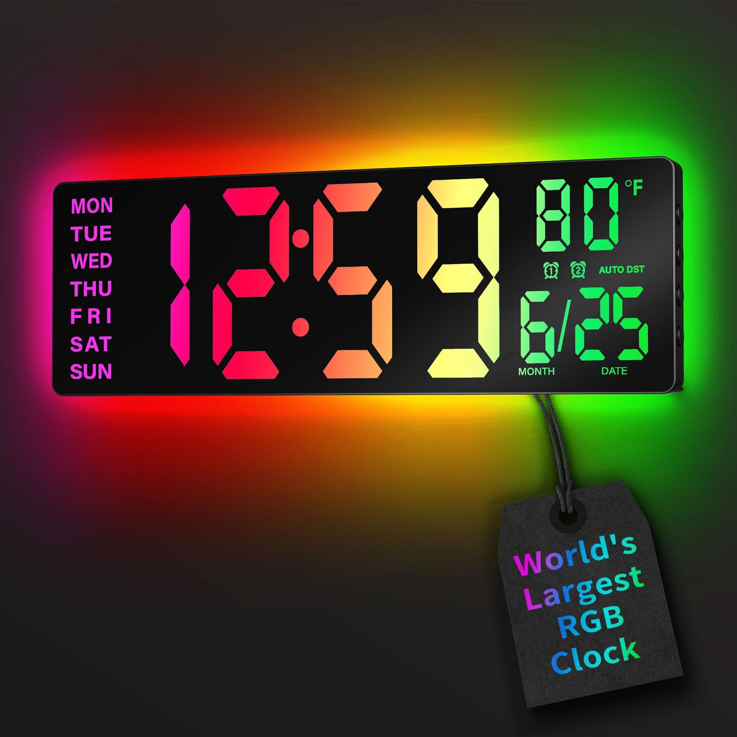 EASYERA 16.5" Large Digital Wall Clock with Remote Control, RGB Atmosphere Lights with 11 Scenes Mode, Dual Alarms with Big LED Display, Auto DST, Temperature for Living Room Gaming