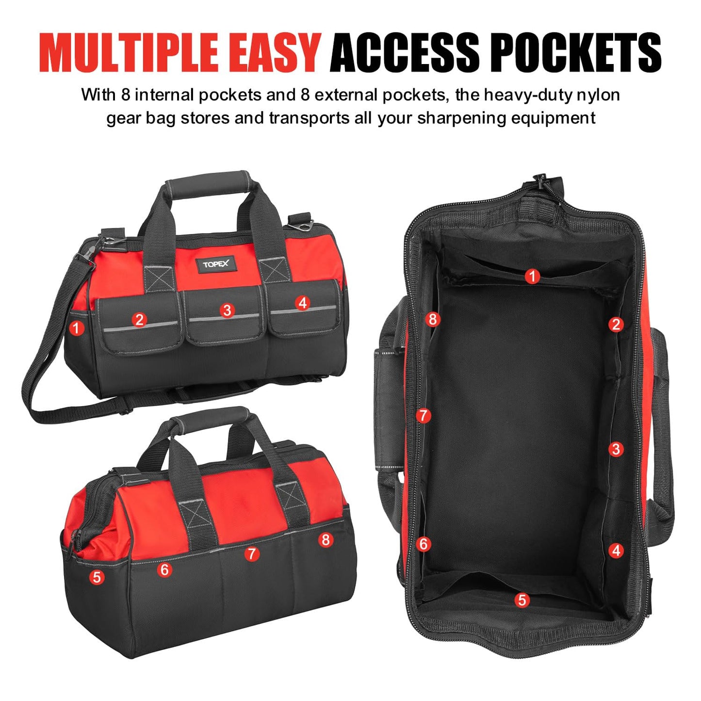 TOPEX 16-inch Tool Bag Multi-pocket Tool Organizer High Bearing Wide Mouth Tool Bag with Adjustable Shoulder Strap with 8 Pockets for Cars, Drill, Garden, Electrician, Technicians
