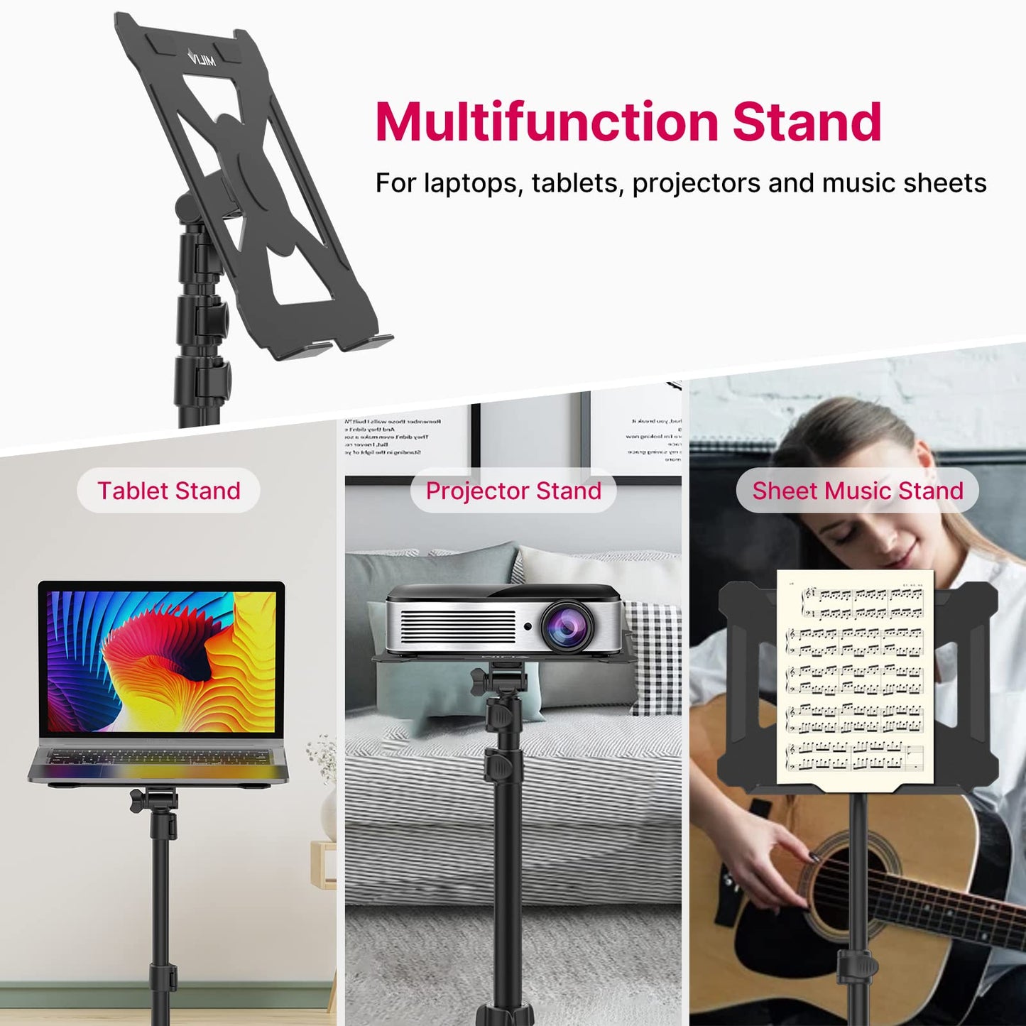 VIJIM LT01 Sheet Music Stand, Desktop Metal Sturdy Music Sheet Projector Stand, Laptop Bible Book Tablet Stand Holder 360° Horizontally Adjustment for Guitar, Ukulele, Violin Players
