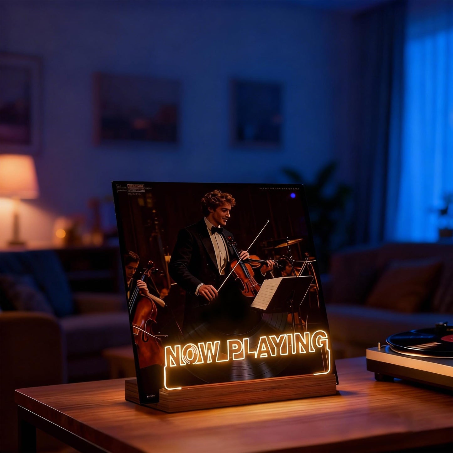Rodioer Now Playing Vinyl Record Stand with Adjustable Brightness, 5mm Acrylic & Wood Base Desktop Holder for 12" Vinyls, Gift for Music Lovers