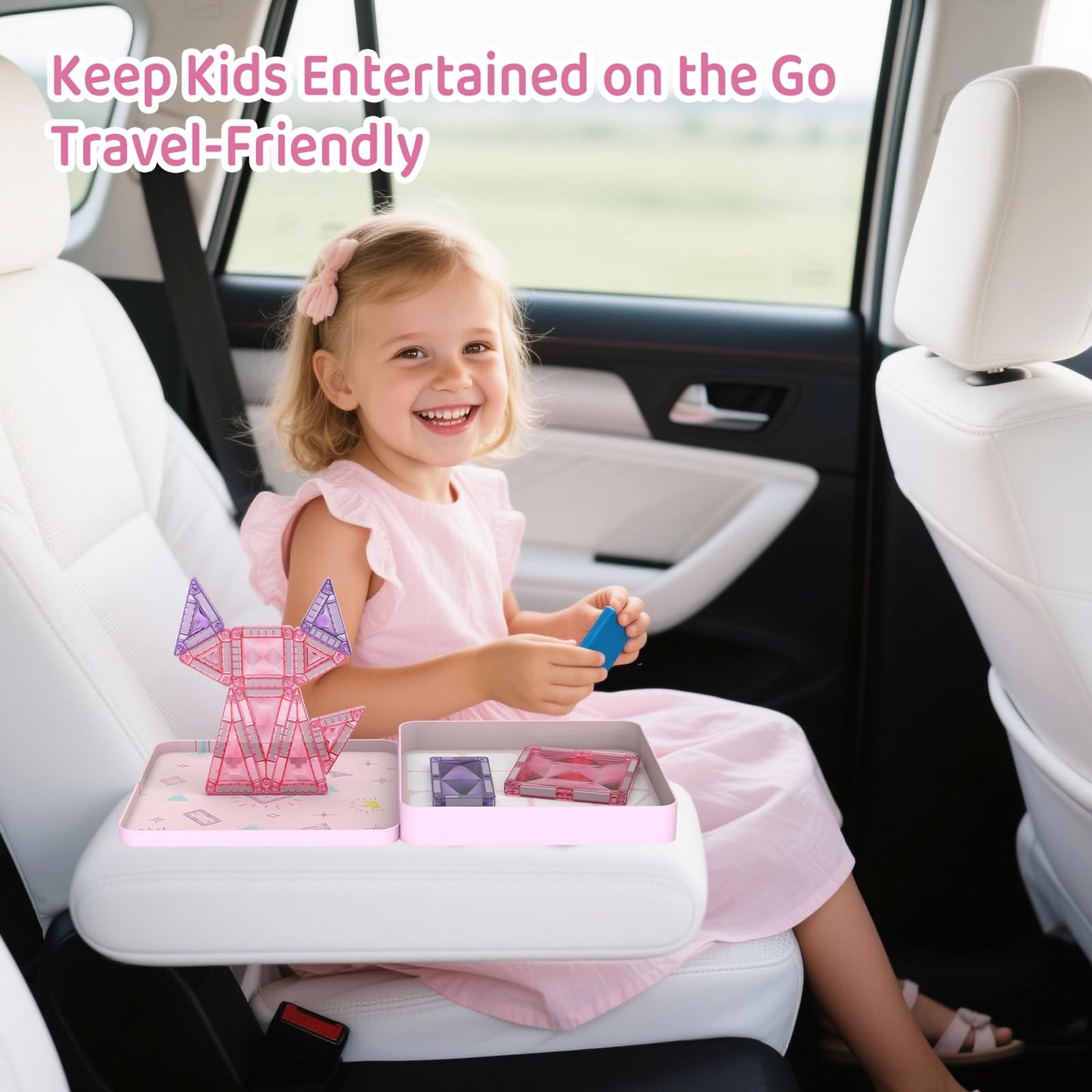 burgkidz Princess Magnetic Tiles for Girls Ages 3-8 – 42PCS Sparkling Pink & Purple Glitter Tiles with Storage Tin, Dual Size Standard Compatible STEM Toys, Travel Friendly Birthday Gift