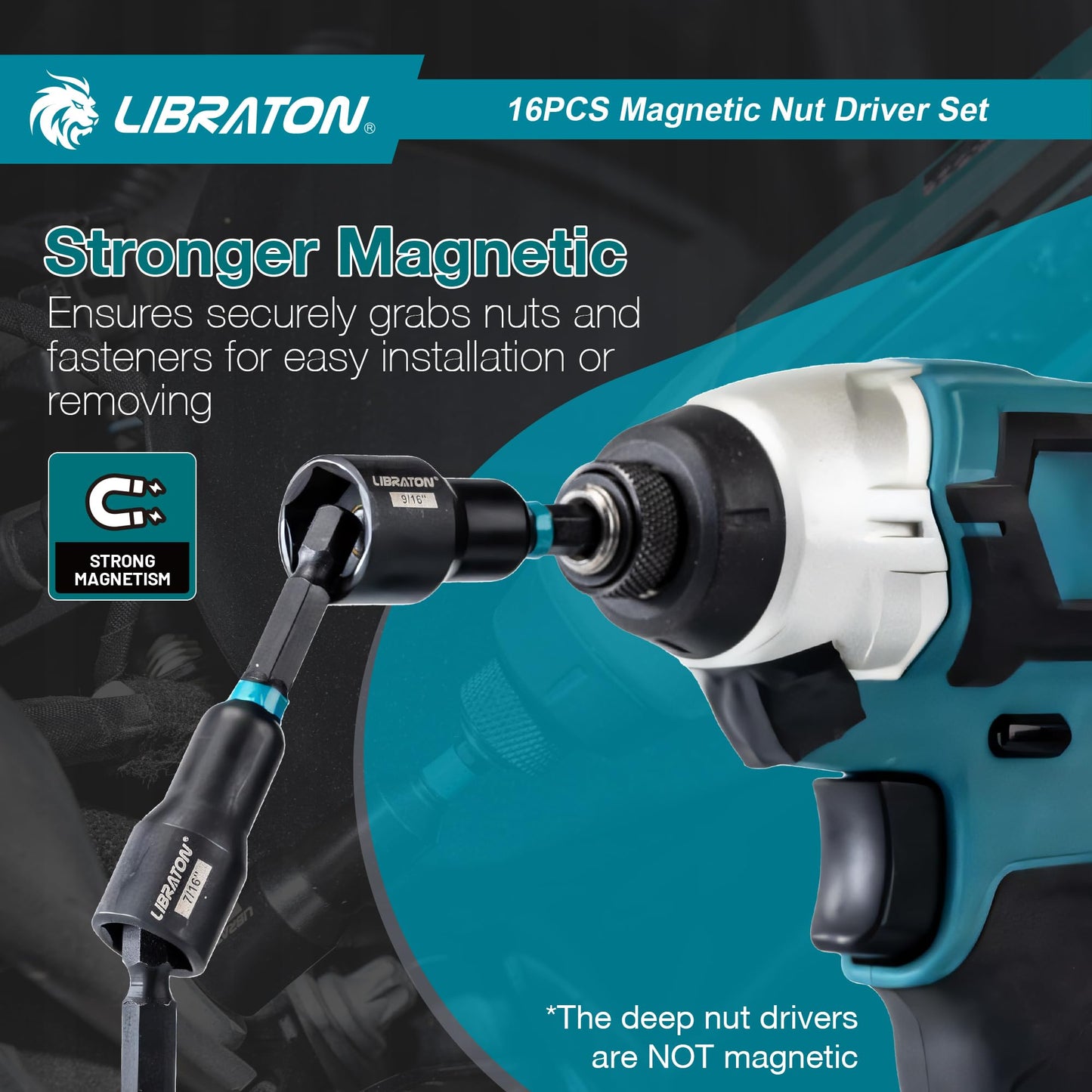 LIBRATON Magnetic Nut Driver Set, 16PCs Impact Driver Bit Set, Deep Nut Driver Set, SAE Nut Driver for Impact Drill, 1/4"-9/16" Nut Drivers and 1/4"-4/3" Deep Nut Drivers, with Toolbox for Car Repairs
