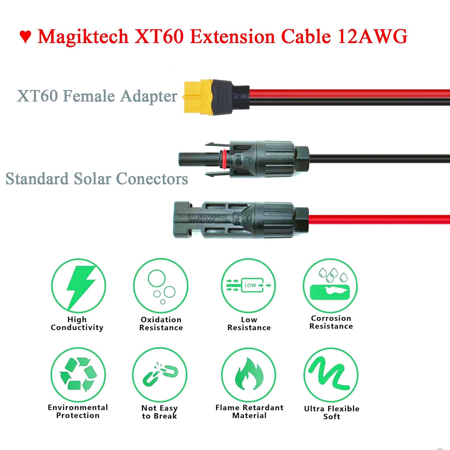 Magiktech 12AWG 25FT Solar to XT60 Cable,Solar Charge Cable with XT60 Female Adapter for Power Stations Solar Generators