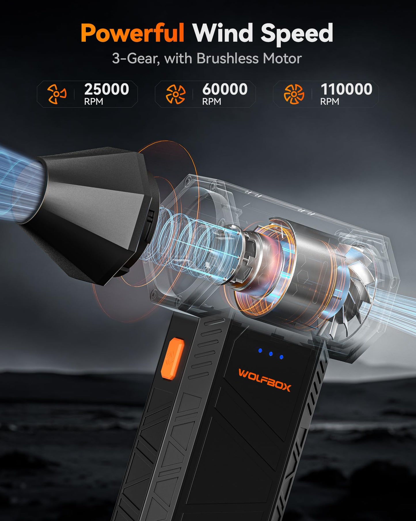 WOLFBOX MegaFlow 50 Compressed Air Duster-110000RPM Super Power Cordless Air Duster, 3-Gear Adjustable Mini Blower with Rechargeable Battery, Dust Blower for Computer, Keyboard, House, Outdoor and Car