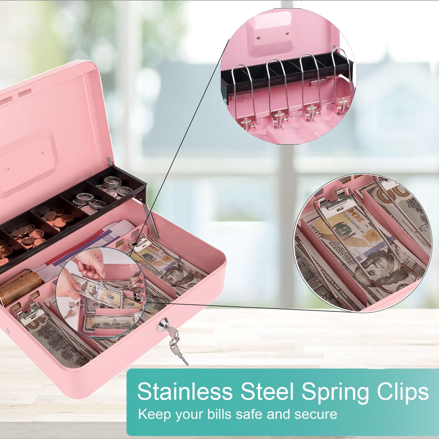 Cash Box with Lock and Money Tray, Metal Money Box with Key and Coin Crate, Cash Register Lock Box for Money Pink 11.8 x 9.4 x 3.54 Inches XL Large