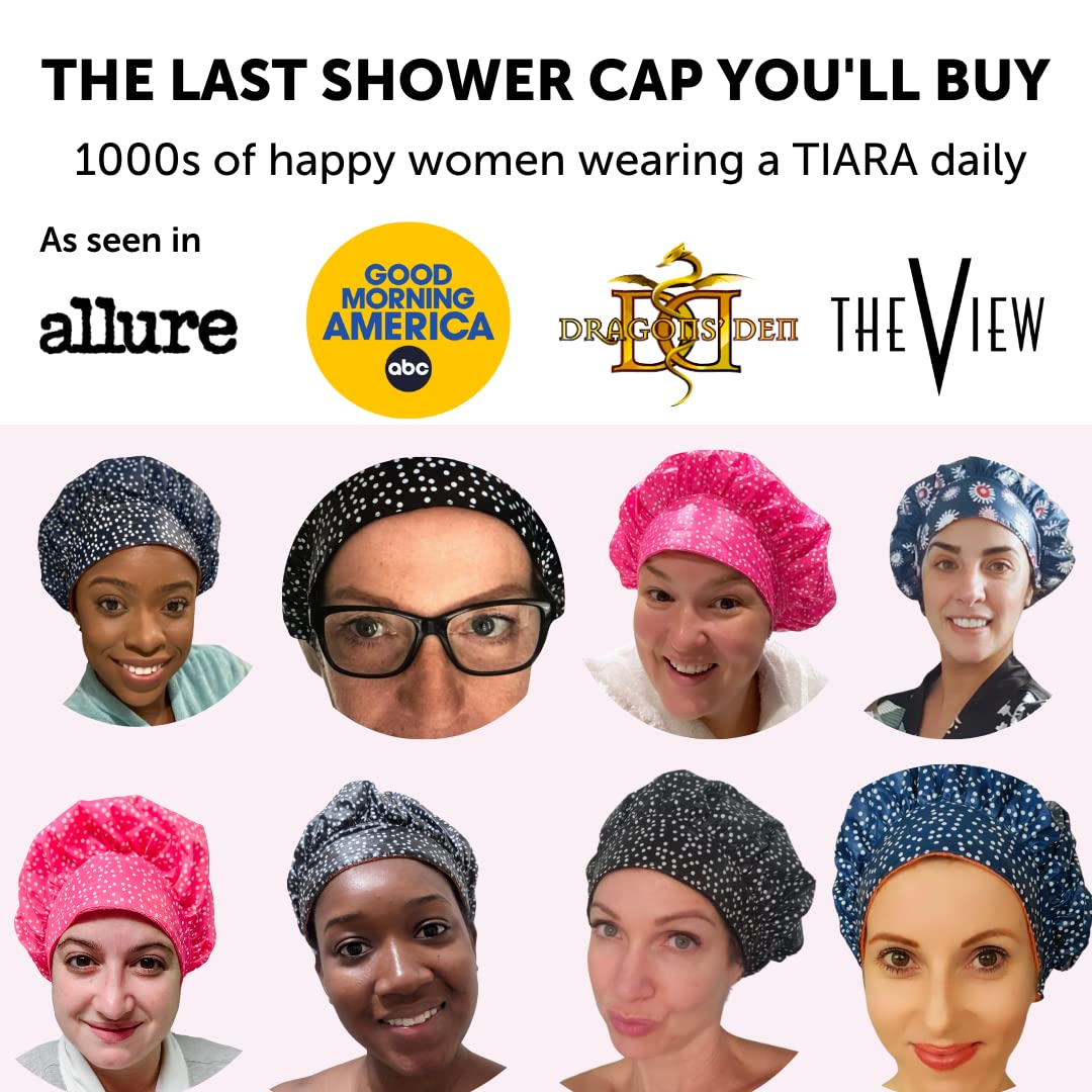 TIARA Shower Cap for Women, Terry Lined – Leak-Free, Washable and Waterproof Shower Cap – Reusable Shower Cap for all Hair Lengths/Styles – Also Works as a Deep Conditioning Cap – Dots Blue