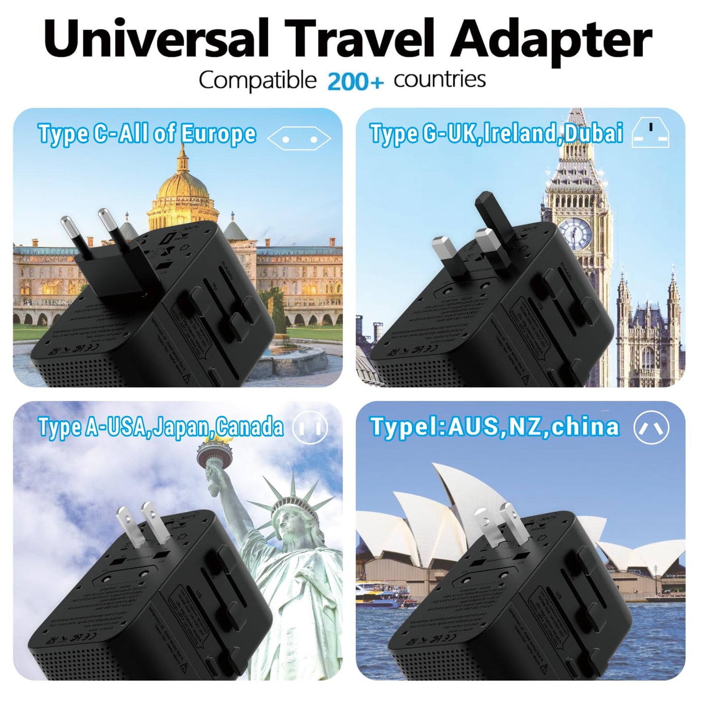 220V to 110V Converter Voltage Converter US to Europe Voltage Converter for Hair Dryer with 2 USB A and 2 USB C, European Travel Adapter Power Converter Adapter Combo from US to Italy UK AU