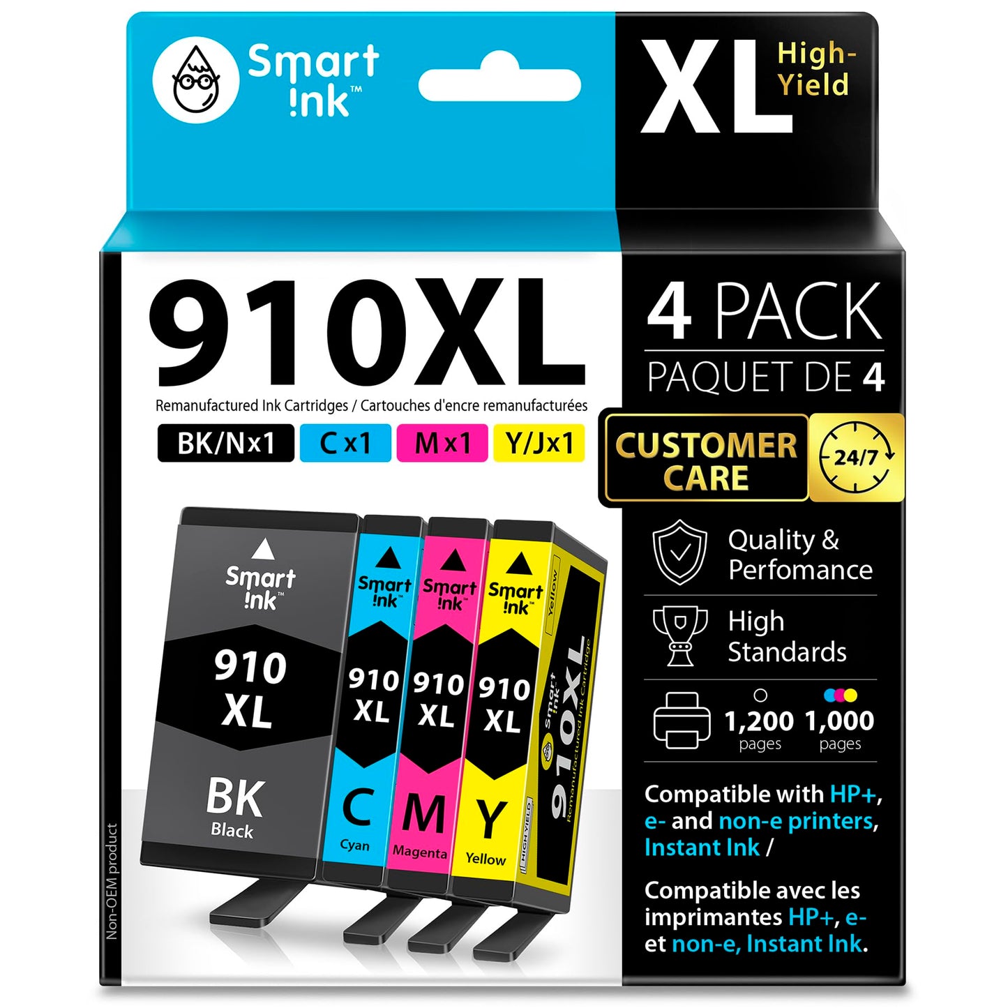 Smart Ink Remanufactured Ink Cartridge Replacement for HP 910 XL 910XL (4 Combo Pack) Compatible with HP 8015e OfficeJet 8022e 8010e 8015 8022 8010 OfficeJet Pro 8025e 8025 Printers (BK/C/M/Y)