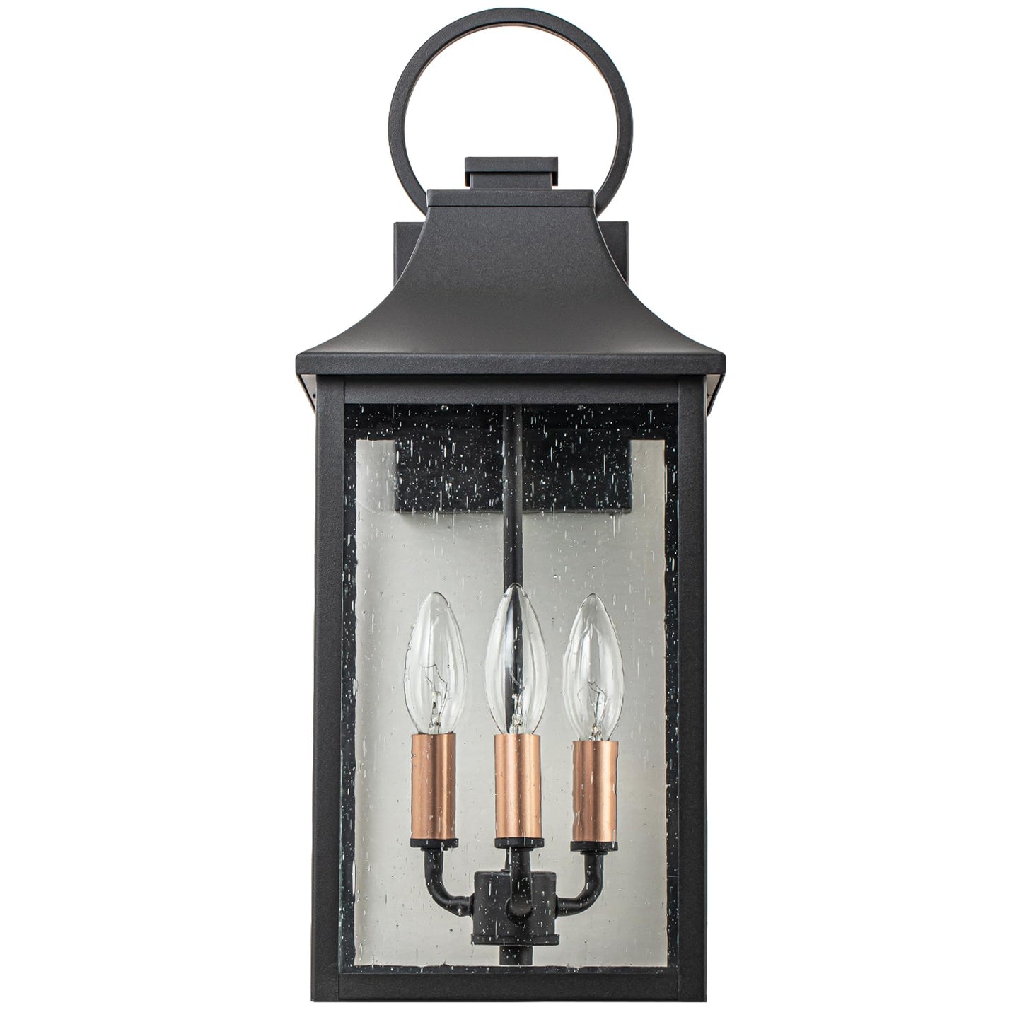 OUPAVOCS Outdoor Wall Lights Fixture for House, Large Porch Light Wall Mount, 18” Black Exterior Wall Sconce with Rose Gold 3-Light Candelabra Interior, Outside Patio Lighting for Front Porch, Garage